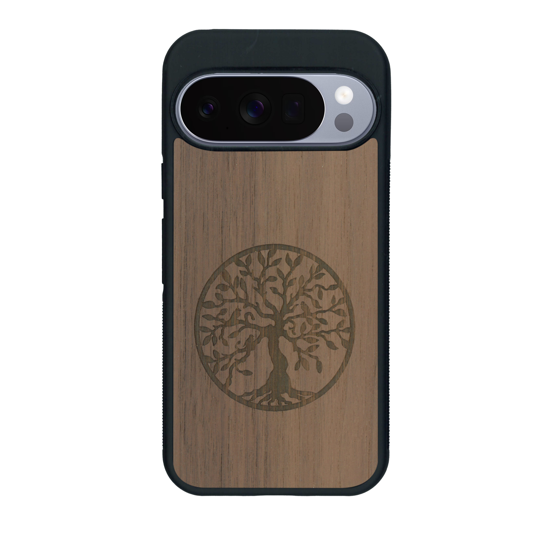 Coque de protection en bois véritable fabriquée en France pour Google Pixel 10 Pro sur le thème de la spiritualité et du yoga avec une gravure zen représentant un arbre de vie