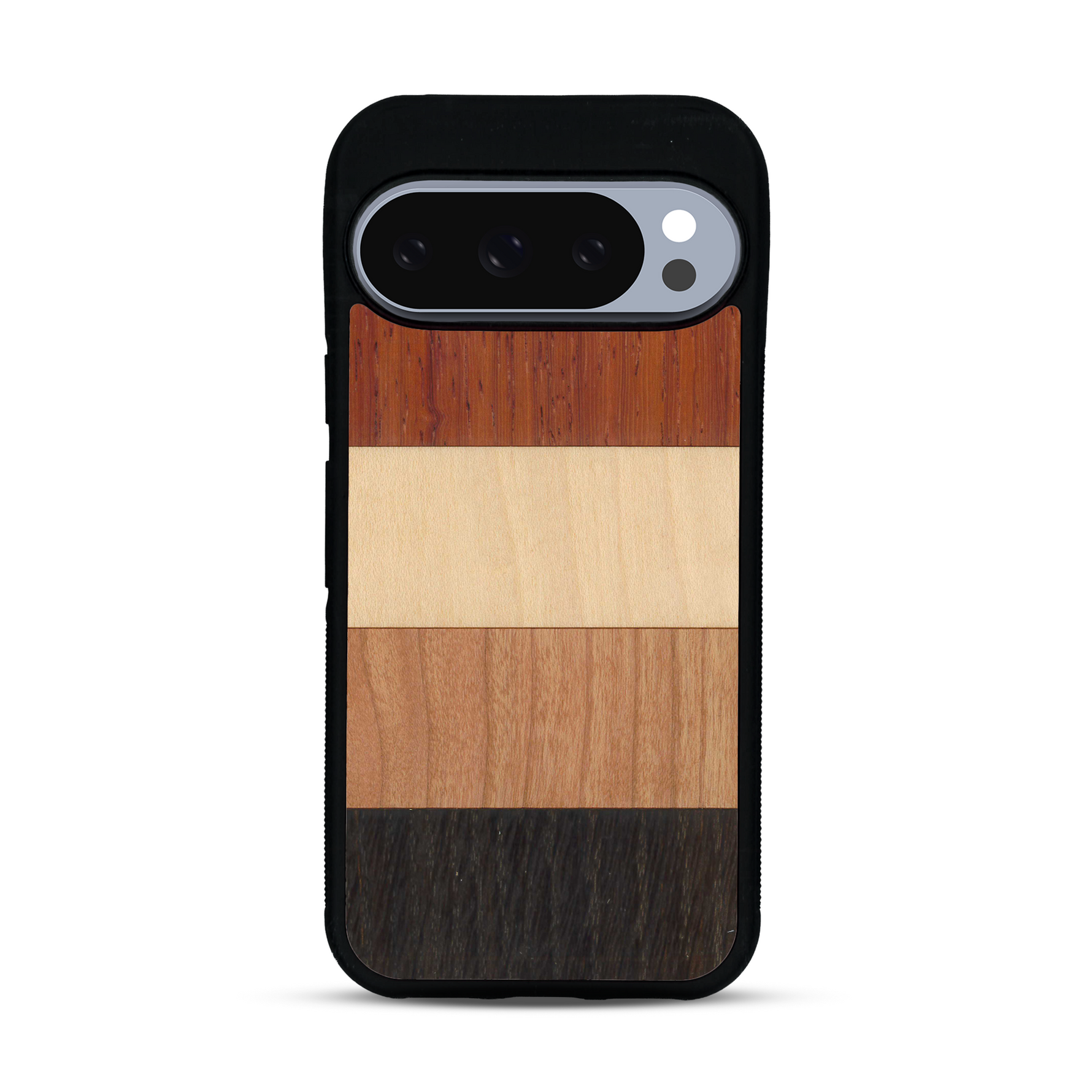 Coque de protection en bois véritable fabriquée en France pour  alliant des bandes horizontales de bambou, merisier, padouk, noyer et chêne fumé