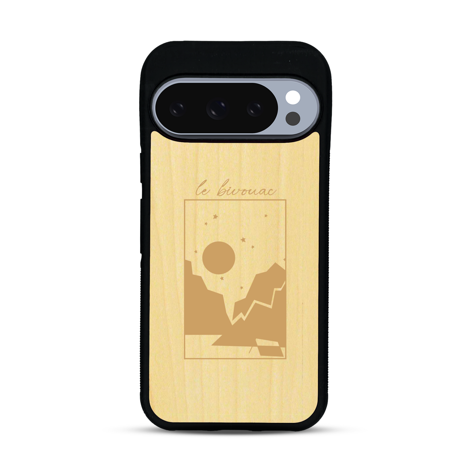 Coque de protection en bois véritable fabriquée en France pour  sur le thème du camping en pleine nature et du bivouac avec la phrase "Aventure is out there"