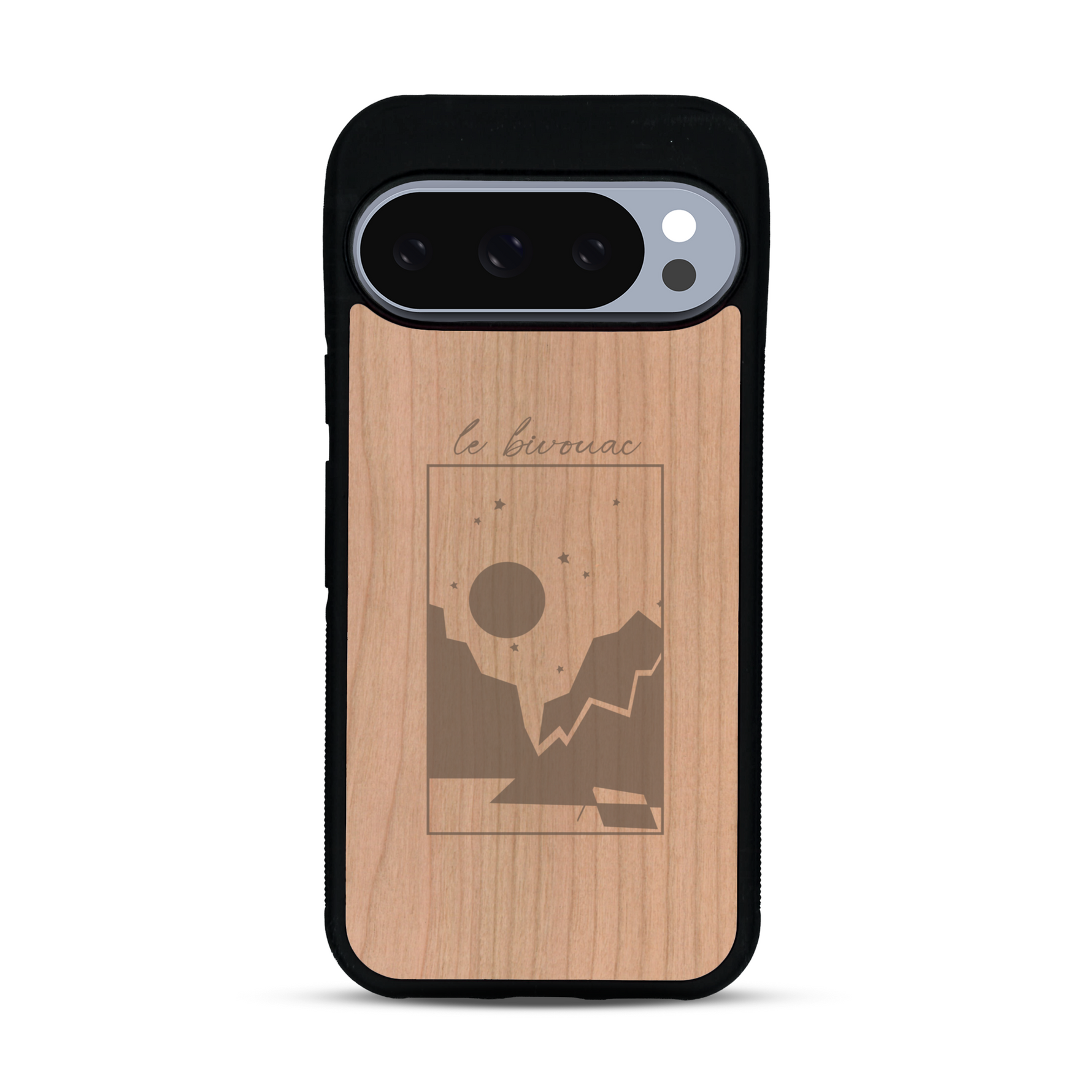 Coque de protection en bois véritable fabriquée en France pour  sur le thème du camping en pleine nature et du bivouac avec la phrase "Aventure is out there"