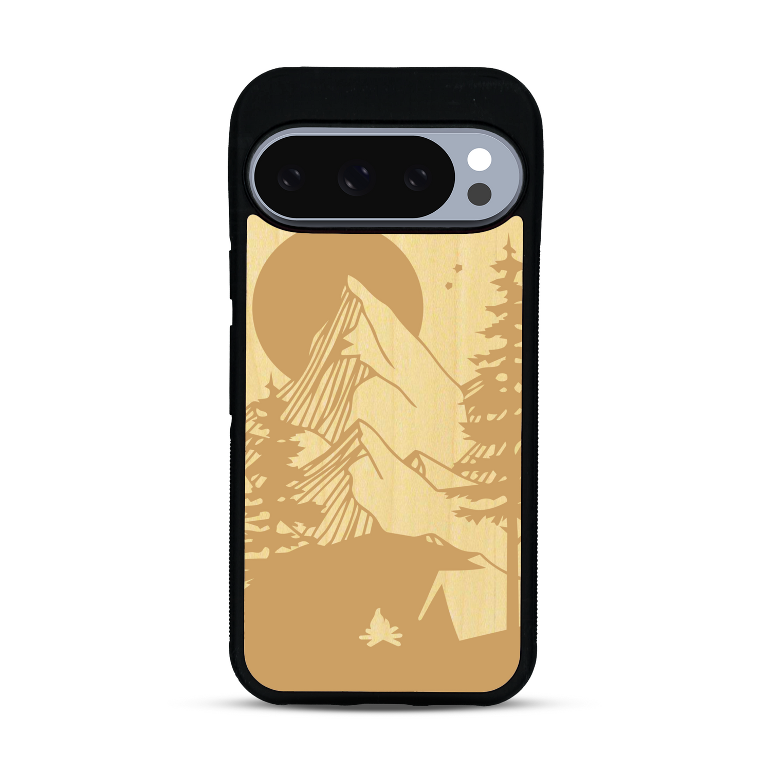 Coque de protection en bois véritable fabriquée en France pour  sur le thème du camping en pleine nature représentant une tente avec un feu de camp entouré de montagnes