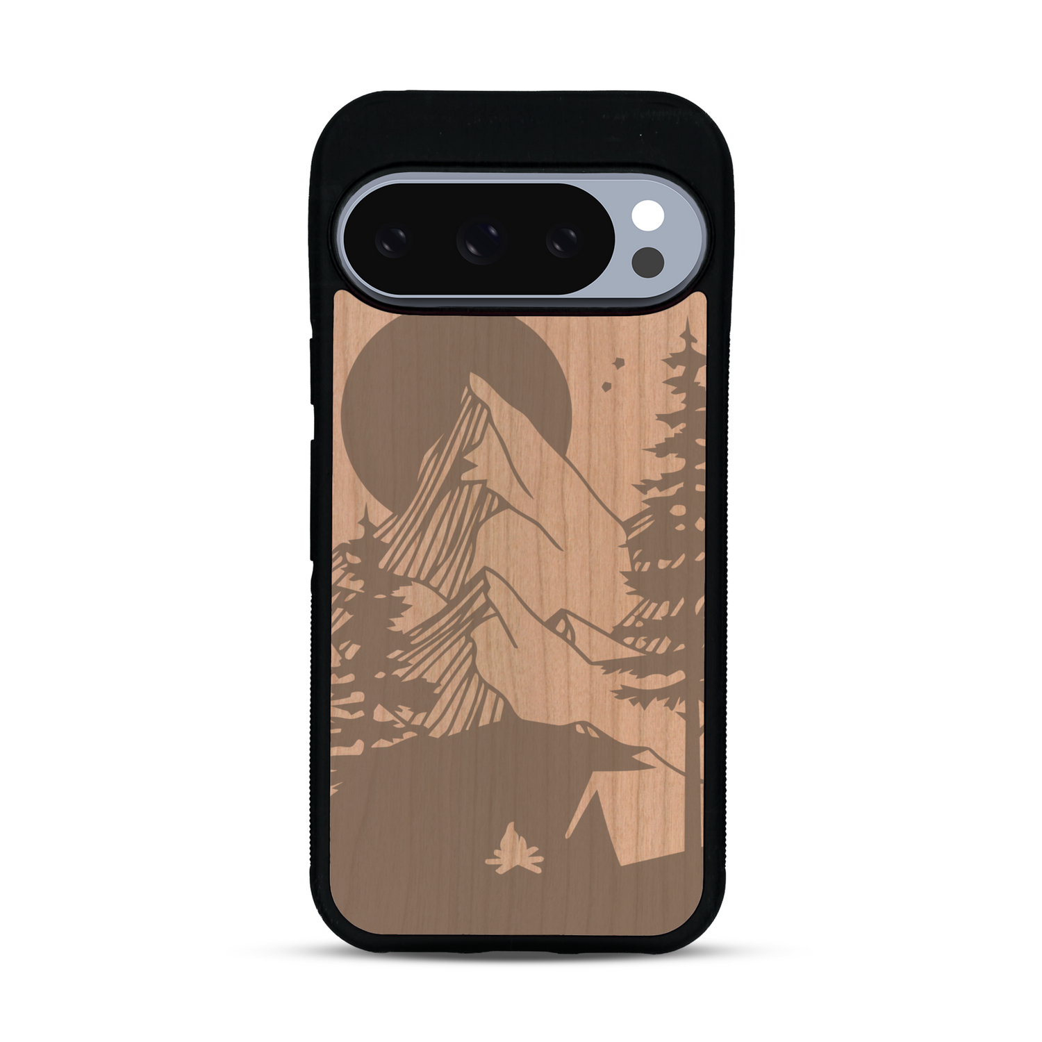 Coque de protection en bois véritable fabriquée en France pour  sur le thème du camping en pleine nature représentant une tente avec un feu de camp entouré de montagnes