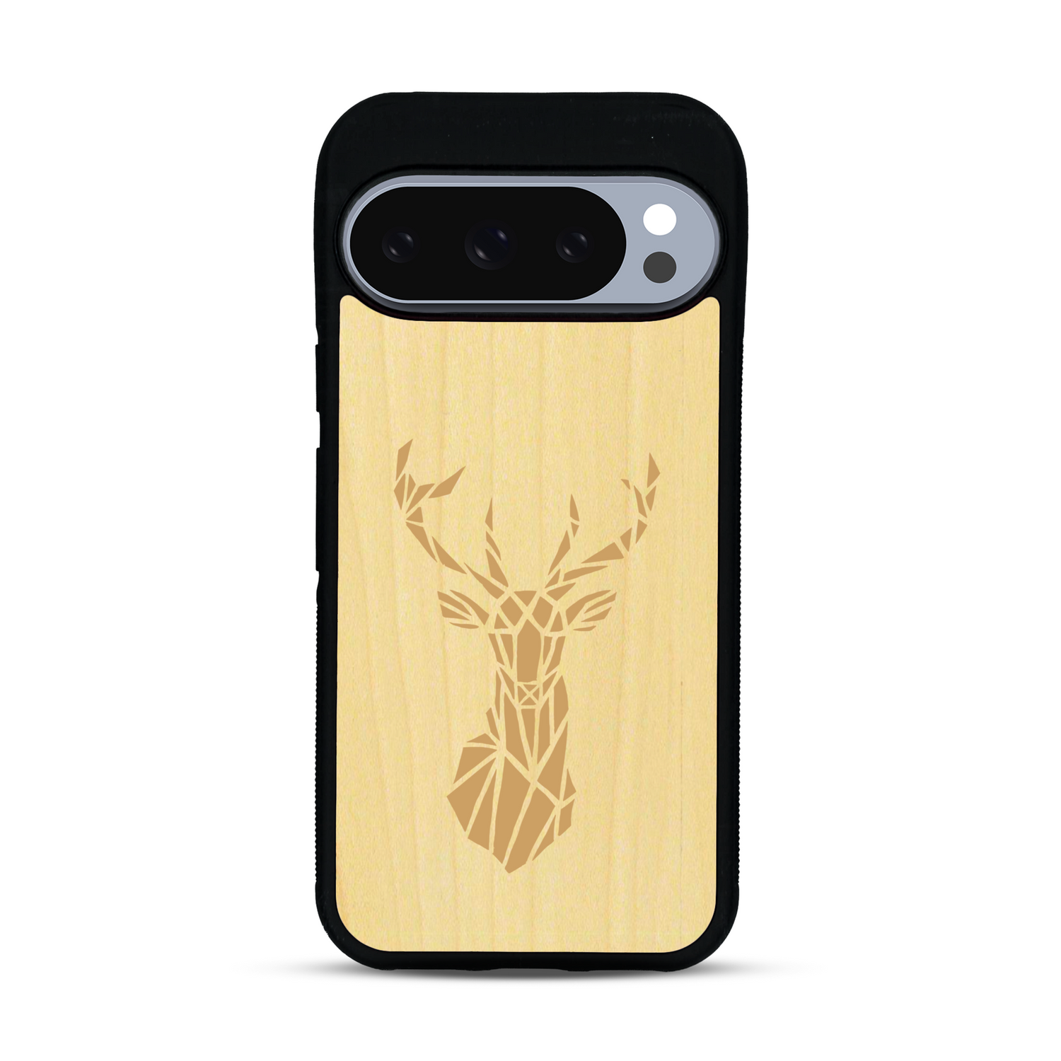 Coque de protection en bois véritable fabriquée en France pour  sur le thème de la nature et des animaux représentant une tête de cerf gométrique avec un design moderne et minimaliste