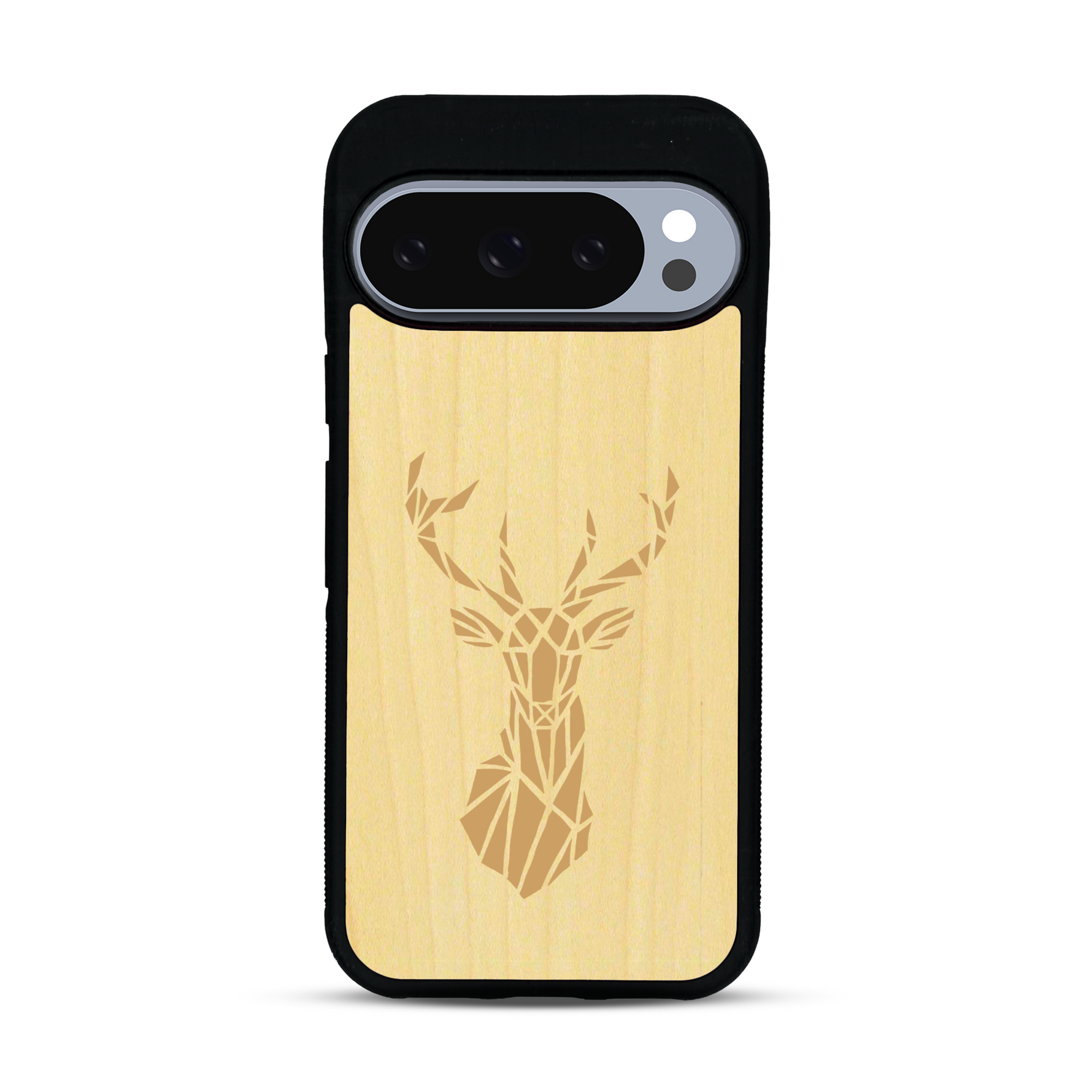 Coque de protection en bois véritable fabriquée en France pour  sur le thème de la nature et des animaux représentant une tête de cerf gométrique avec un design moderne et minimaliste