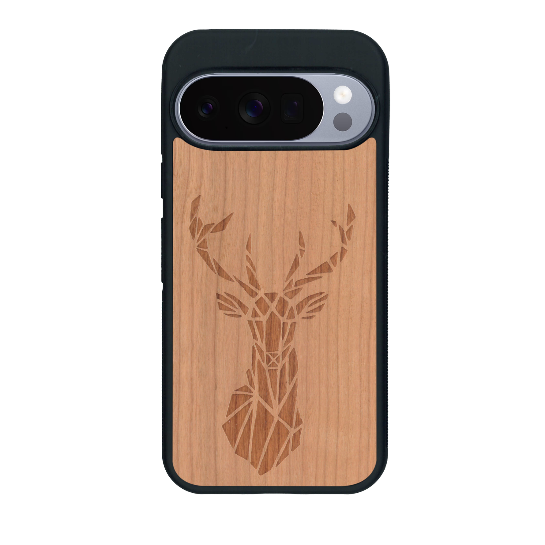 Coque de protection en bois véritable fabriquée en France pour Google Pixel 10 Pro sur le thème de la nature et des animaux représentant une tête de cerf gométrique avec un design moderne et minimaliste