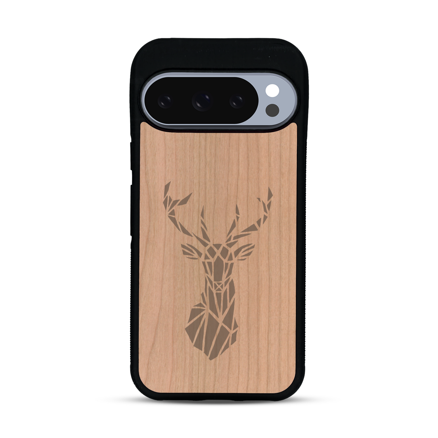 Coque de protection en bois véritable fabriquée en France pour  sur le thème de la nature et des animaux représentant une tête de cerf gométrique avec un design moderne et minimaliste