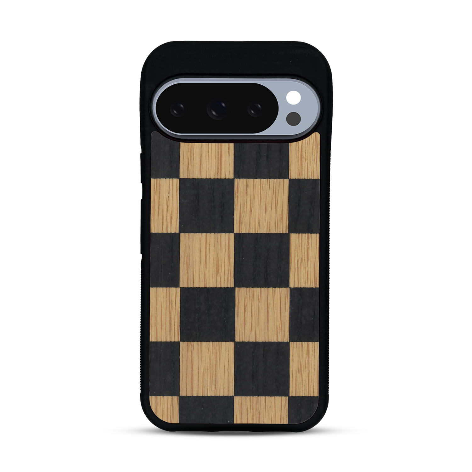 Coque de protection en bois véritable fabriquée en France pour  alliant plusieurs essences de bois pour représenter un damier