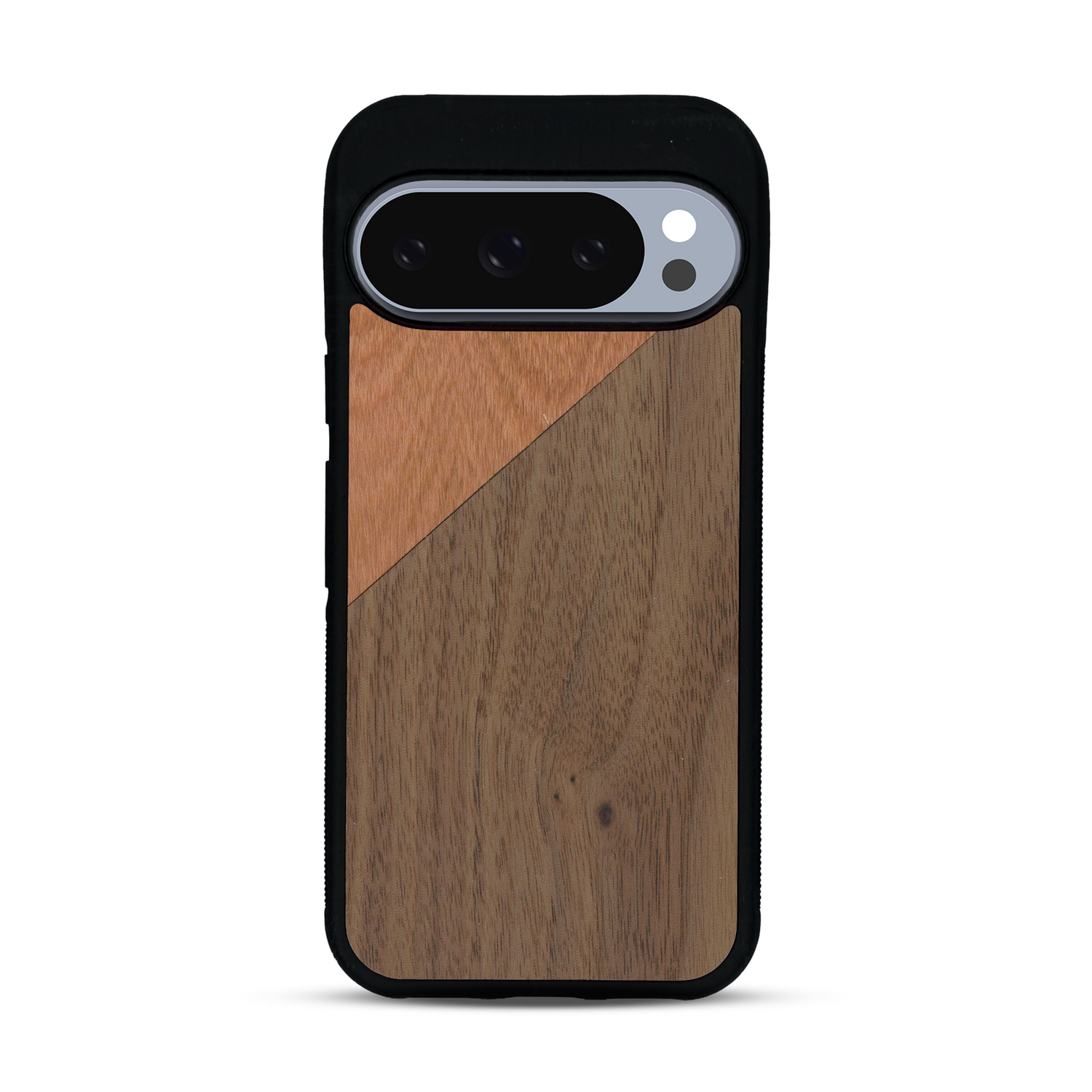 Coque de protection en bois véritable fabriquée en France pour  alliant du merisier et du noyer formant chacun un triangle avec une jointure en diagonale sur le thème de l'art abstrait