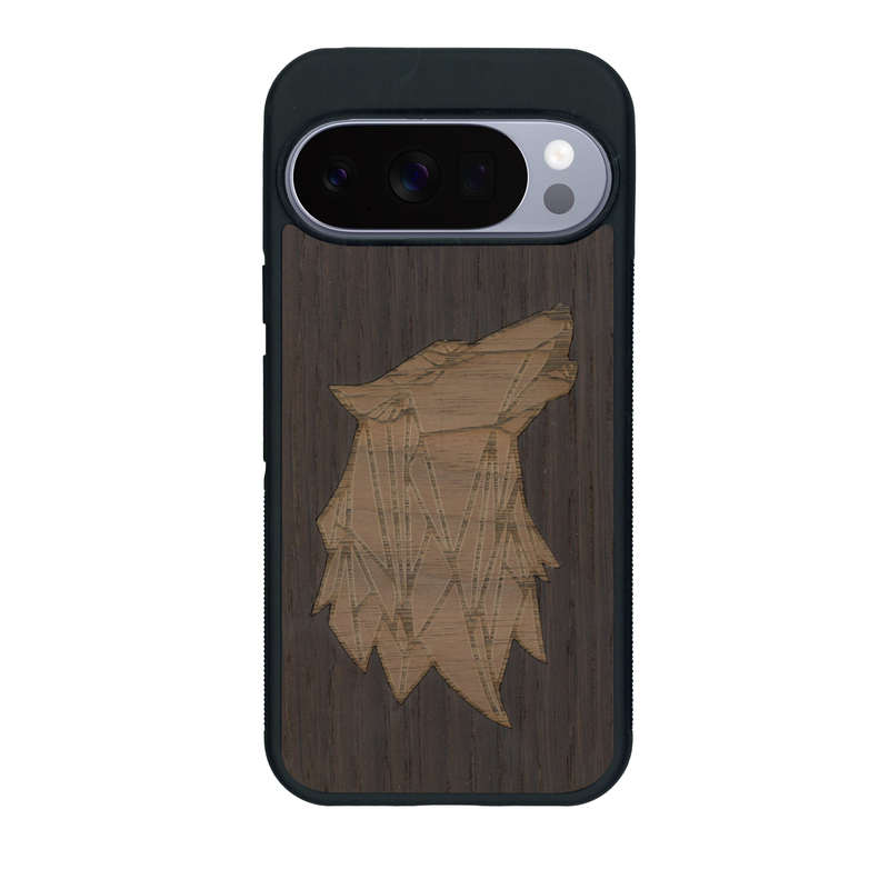 Coque de protection en bois véritable fabriquée en France pour Google Pixel 10 Pro alliant du chêne fumé et du noyer représentant une tête de loup géométrique de profil sur le thème des animaux et de la nature