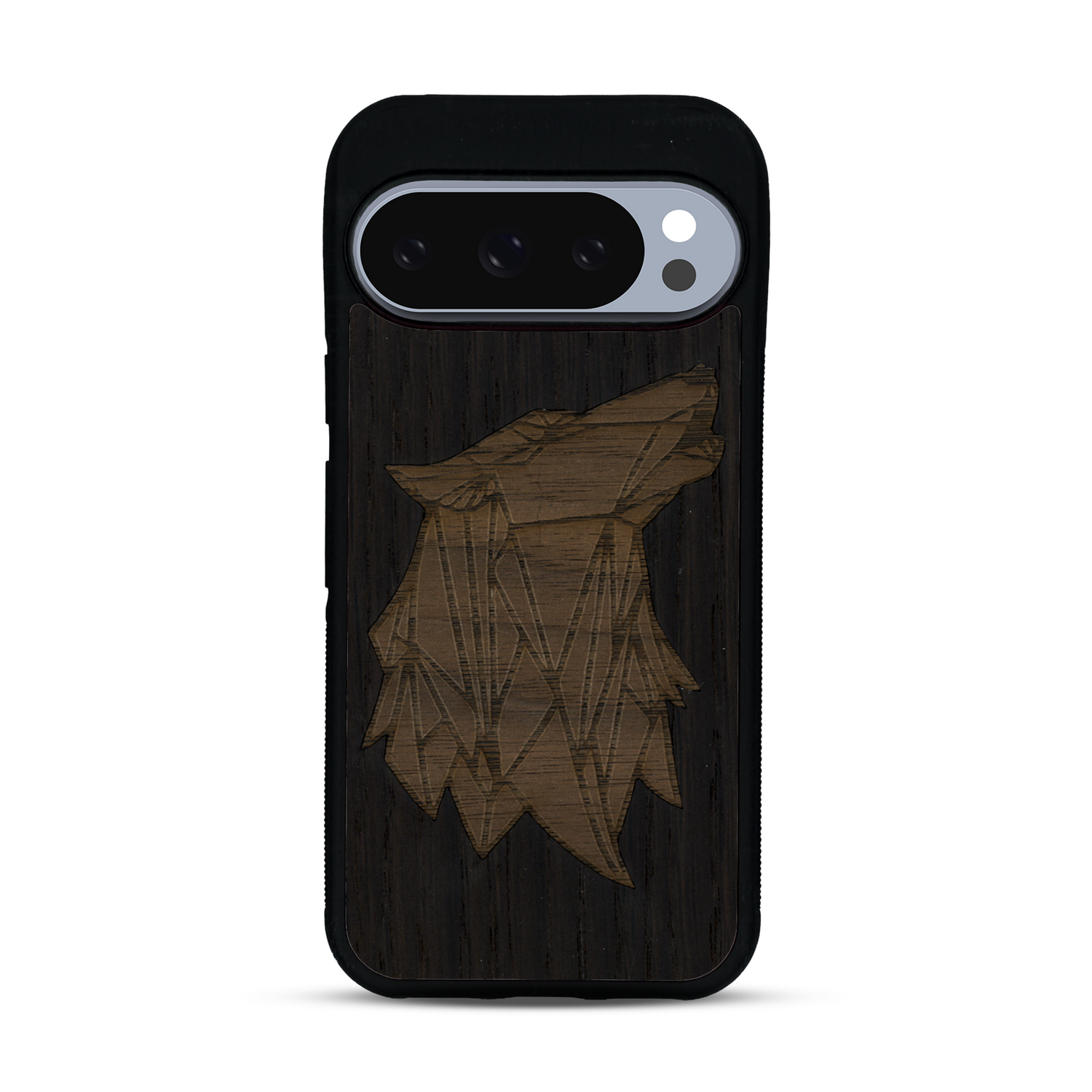 Coque de protection en bois véritable fabriquée en France pour  alliant du chêne fumé et du noyer représentant une tête de loup géométrique de profil sur le thème des animaux et de la nature