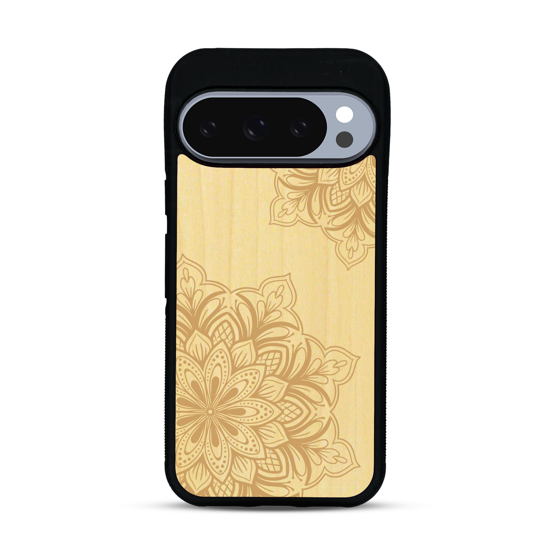 Coque de protection en bois véritable fabriquée en France pour  sur le thème de la bohème et du tatouage au henné avec une gravure représentant un mandala