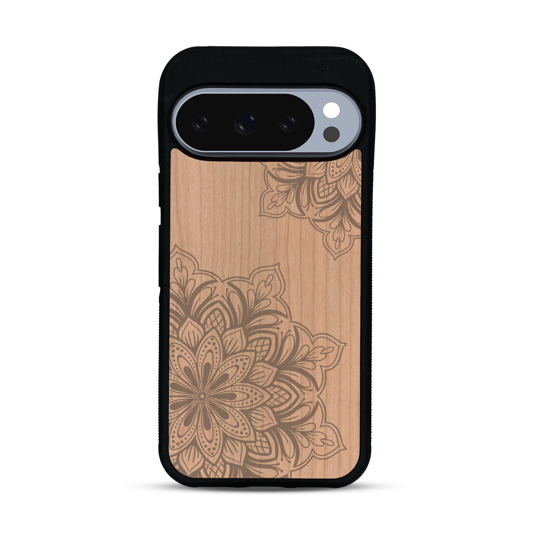 Coque de protection en bois véritable fabriquée en France pour  sur le thème de la bohème et du tatouage au henné avec une gravure représentant un mandala