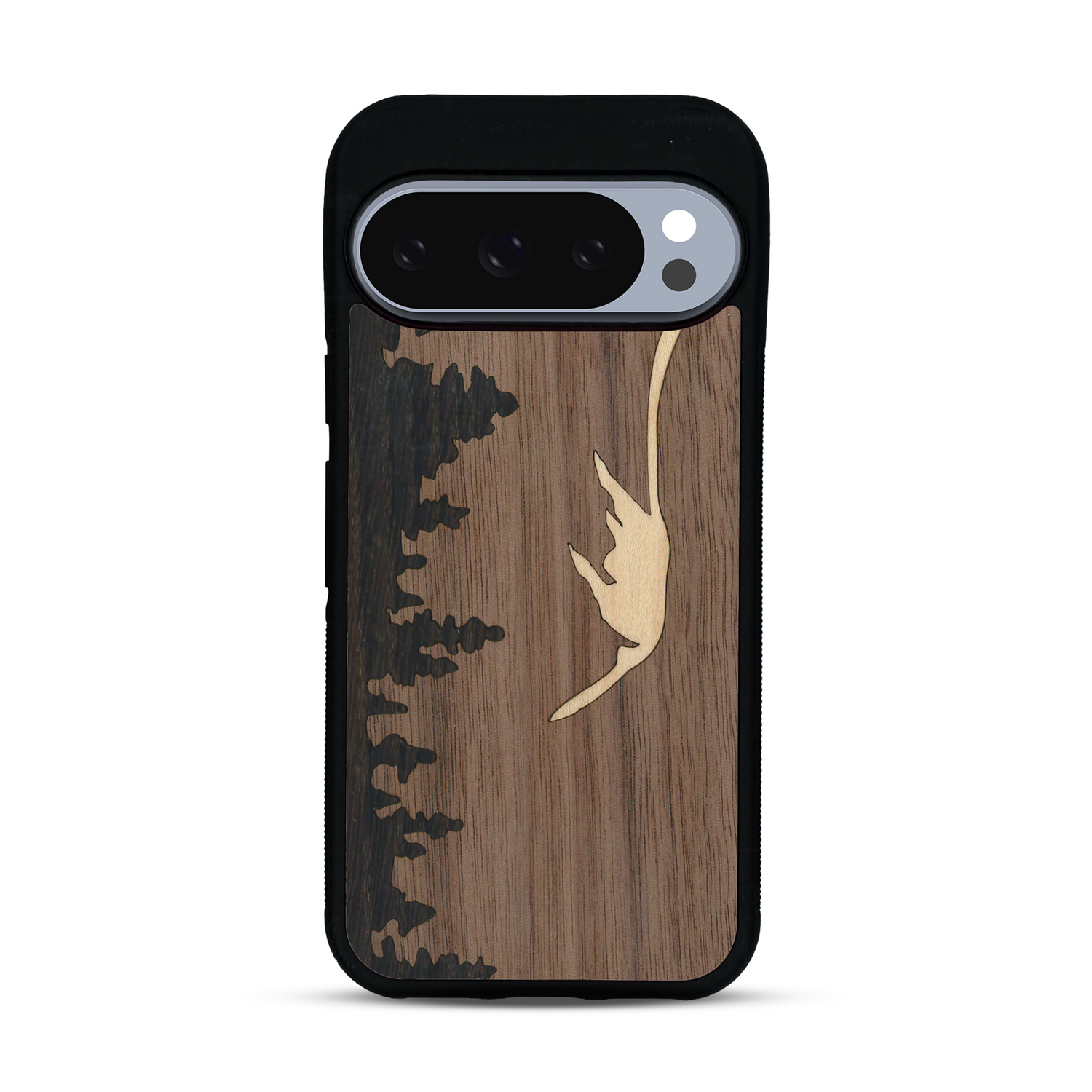 Coque de protection en bois véritable fabriquée en France pour  sur le thème de la nature et de la montagne qui allie du chêne fumé, du noyer et du bambou représentant le mont mézenc