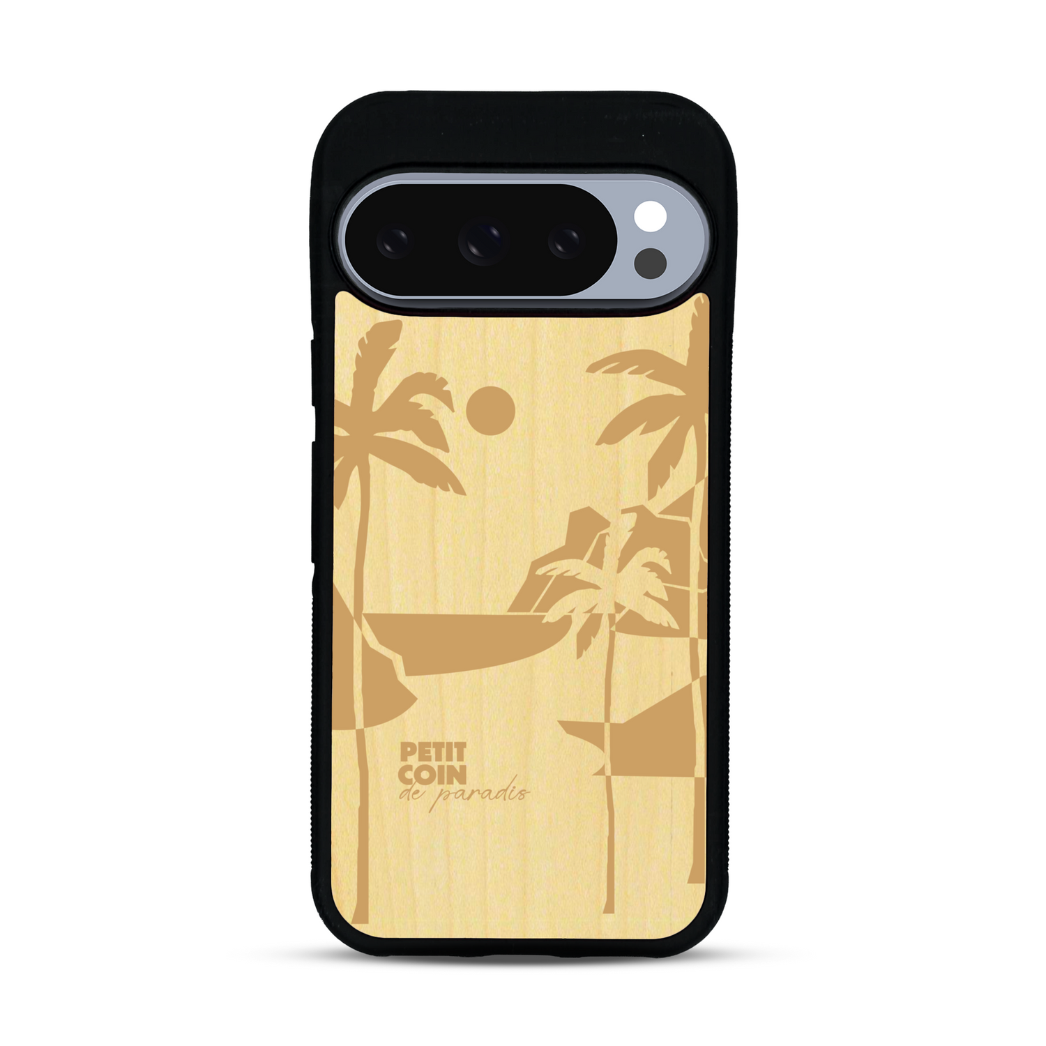 Coque de protection en bois véritable fabriquée en France pour  sur le thème des voyages en vans, vanlife et chill avec une gravure représentant un van vw combi devant le soleil couchant sur une plage avec des vagues