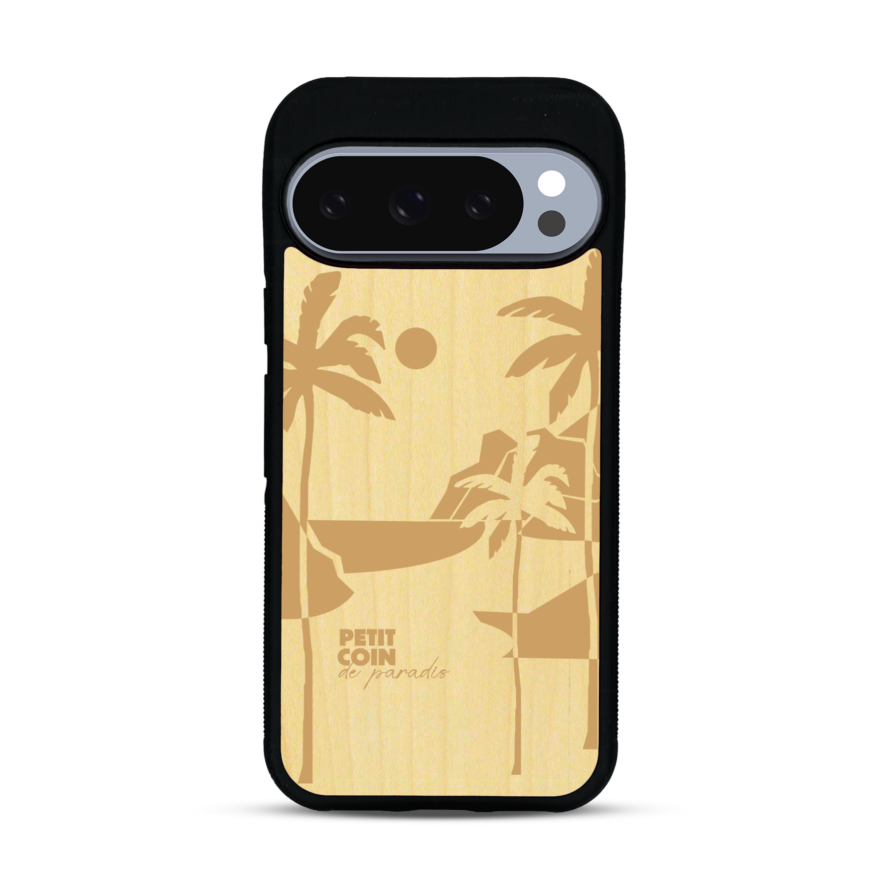 Coque de protection en bois véritable fabriquée en France pour  sur le thème des voyages en vans, vanlife et chill avec une gravure représentant un van vw combi devant le soleil couchant sur une plage avec des vagues