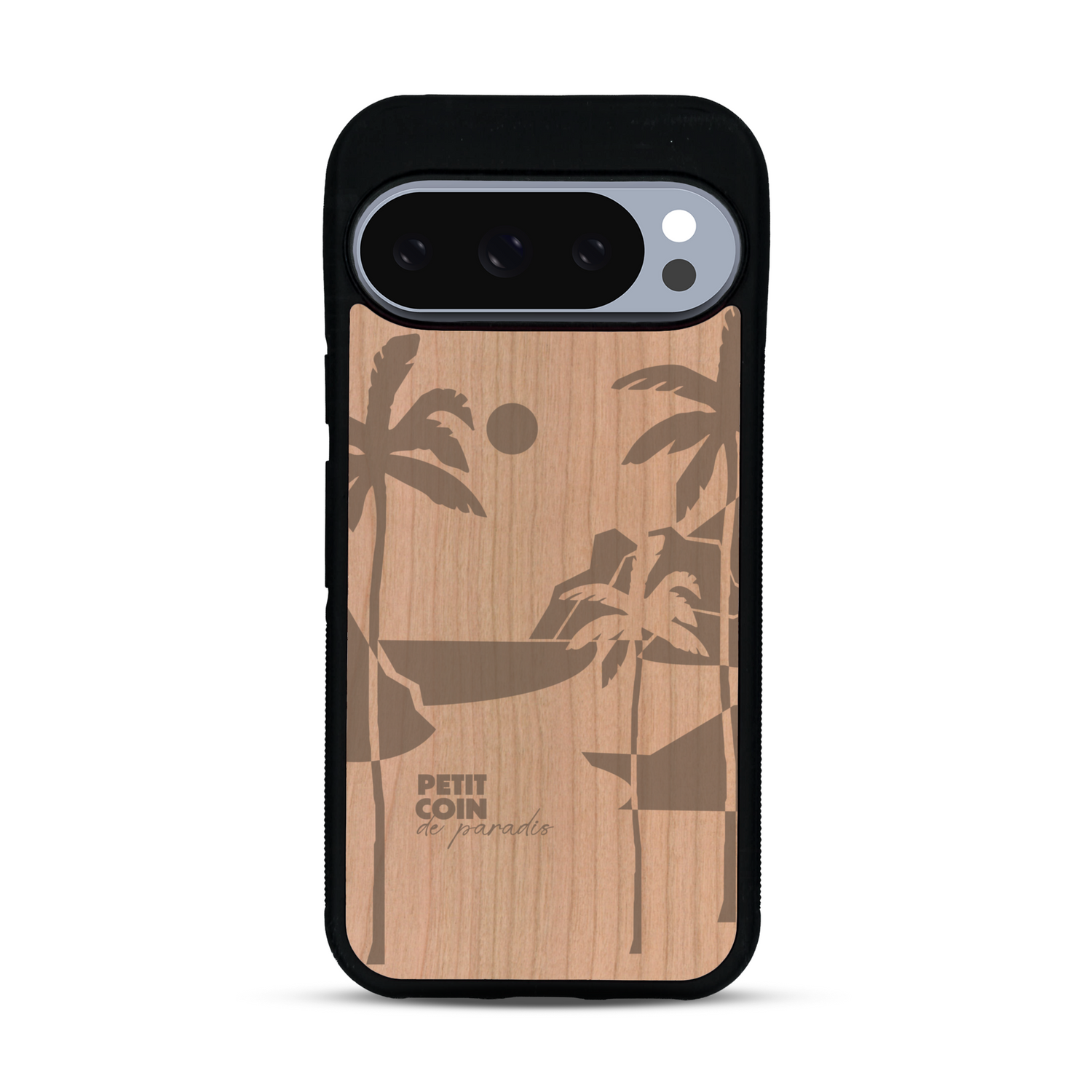 Coque de protection en bois véritable fabriquée en France pour  sur le thème des voyages en vans, vanlife et chill avec une gravure représentant un van vw combi devant le soleil couchant sur une plage avec des vagues