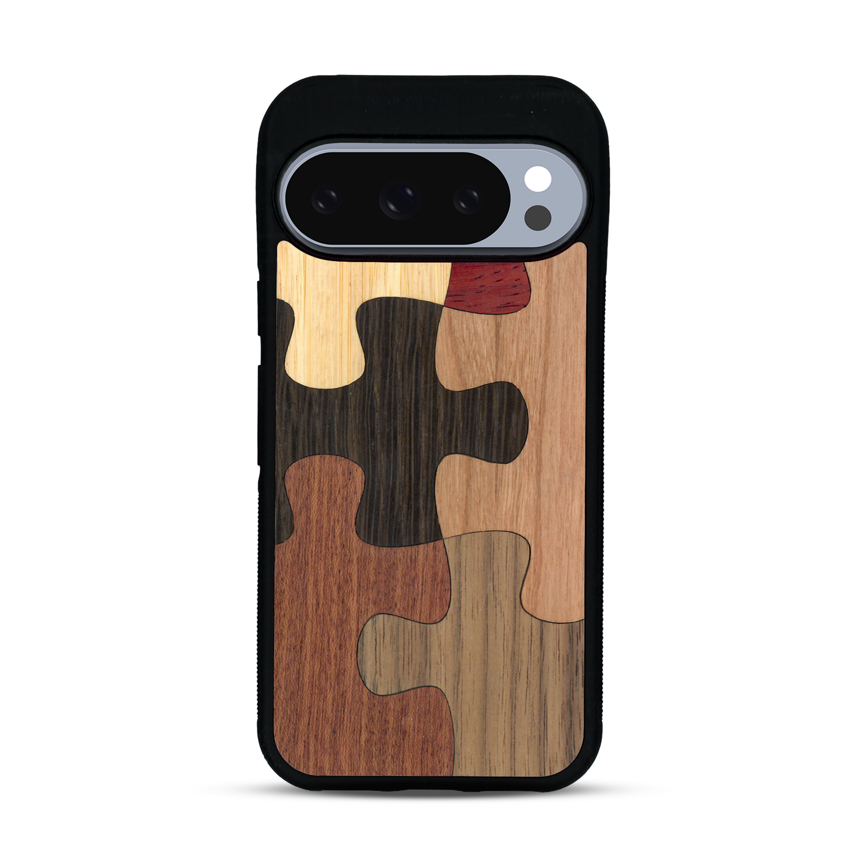 Coque de protection en bois véritable fabriquée en France pour  représentant un puzzle en six pièces qui allie du chêne fumé, du noyer, du bambou, du padouk, du merisier et de l'acajou