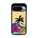 Coque de protection en bois véritable fabriquée en France pour Google Pixel 10 Pro représentant un tigre coloré avec un design moderne et minimaliste sur le thème de la jungle et de la nature