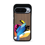 Coque de protection en bois véritable fabriquée en France pour Google Pixel 10 Pro représentant un toucan coloré avec un design moderne et minimaliste sur le thème de la jungle et de la nature