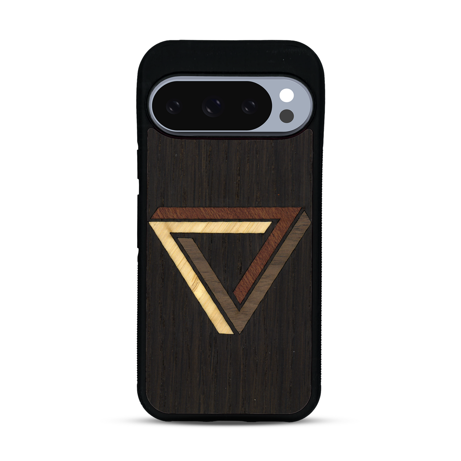 Coque de protection en bois véritable fabriquée en France pour  sur le thème de l'art géométrique qui allie du chêne fumé, du noyer, du bambou et du padouk représentant le triangle de penrose
