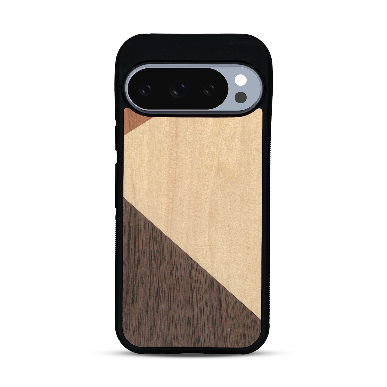 Coque de protection en bois véritable fabriquée en France pour  alliant du merisier, du noyer et du bambou formant chacun deux triangles et un trapèze avec deux jointures en diagonale sur le thème de l'art abstrait