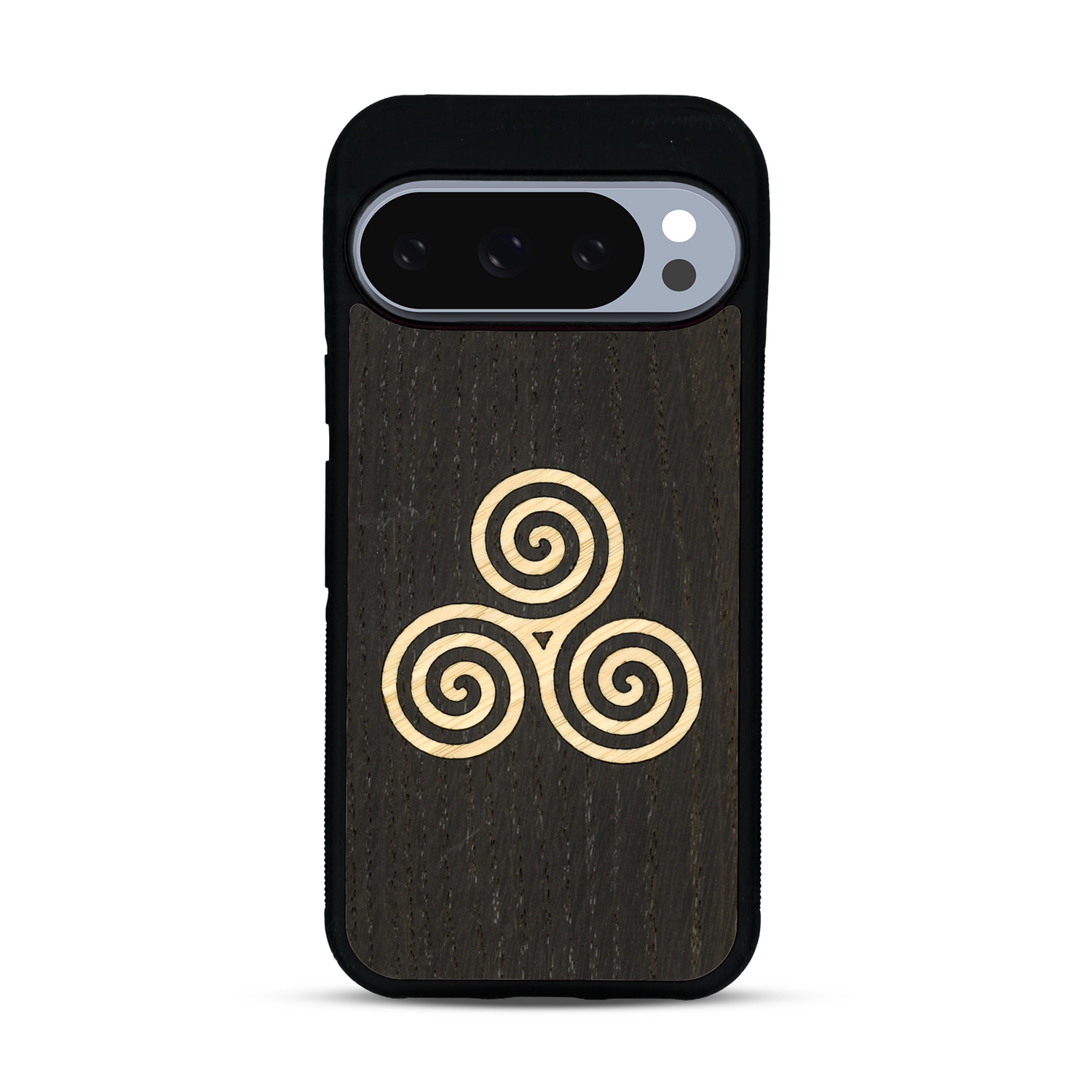 Coque de protection en bois véritable fabriquée en France pour  alliant du chêne fumé et du bambou et doré représentant un triskell