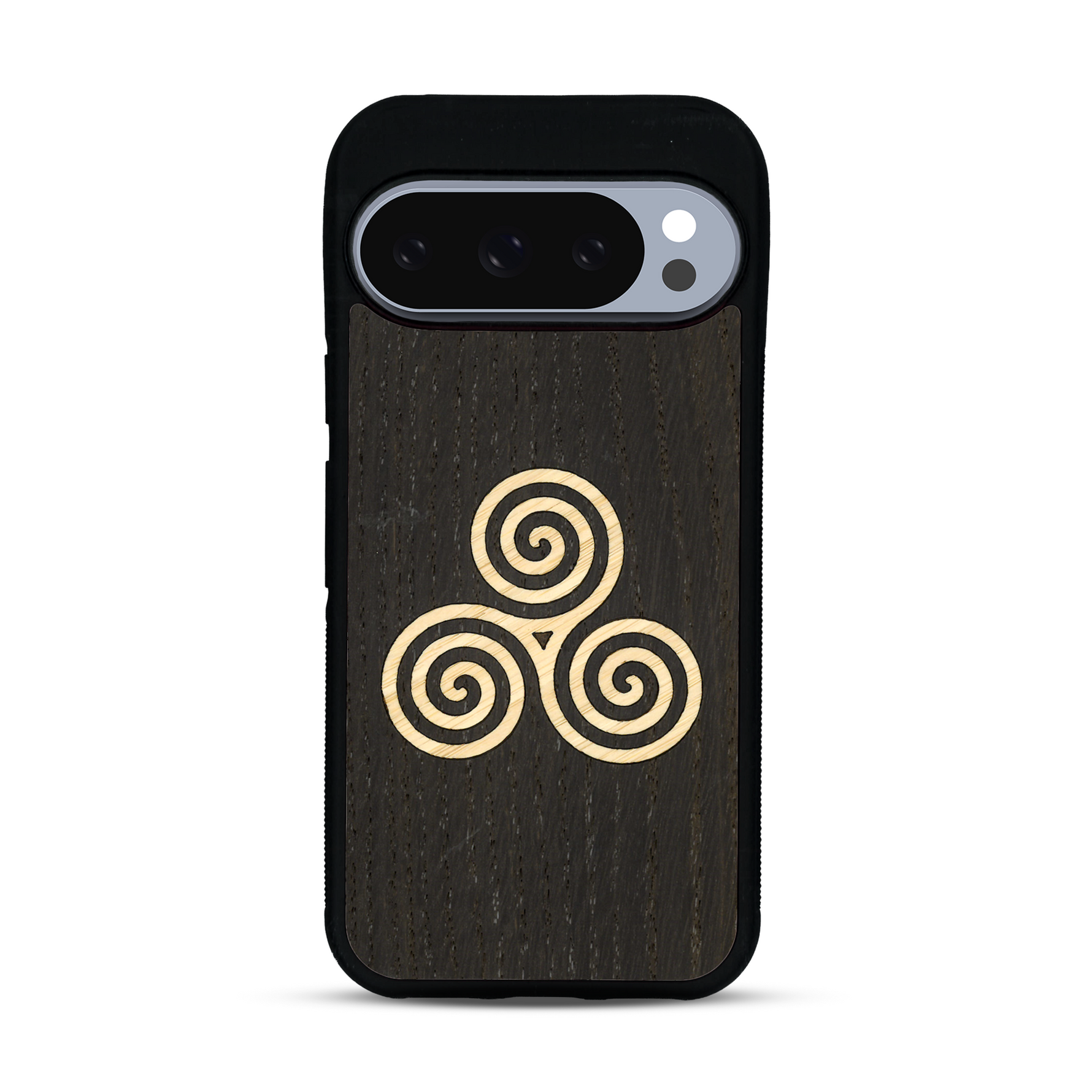 Coque de protection en bois véritable fabriquée en France pour  alliant du chêne fumé et du bambou et doré représentant un triskell