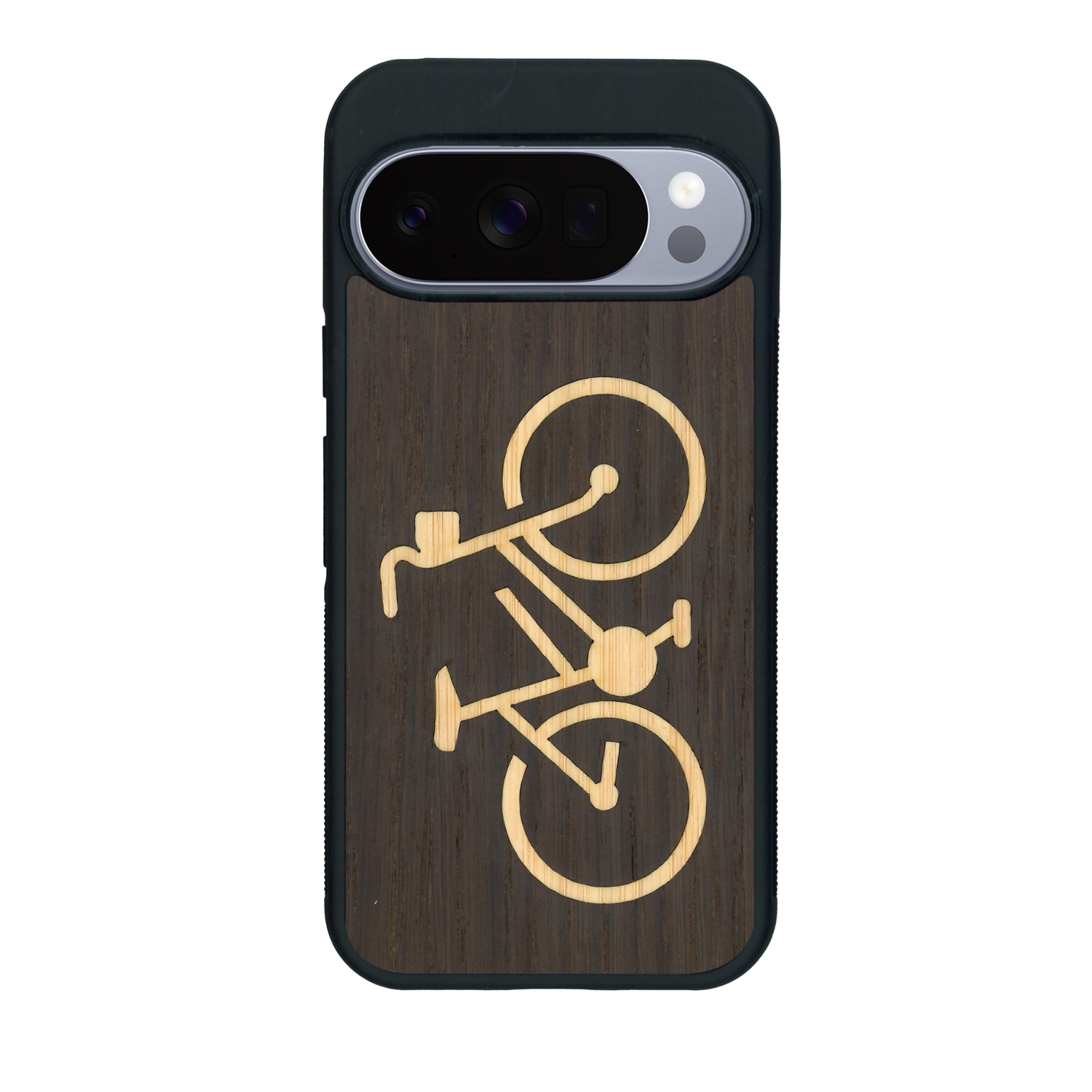 Coque de protection en bois véritable fabriquée en France pour Google Pixel 10 Pro sur le theme du vélo et de l'outdoor qui allie du bambou et du chêne fumé représentant un vélo