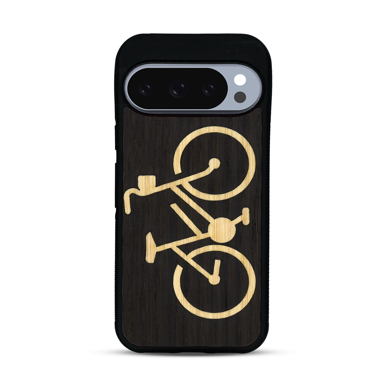 Coque de protection en bois véritable fabriquée en France pour  sur le theme du vélo et de l'outdoor qui allie du bambou et du chêne fumé représentant un vélo