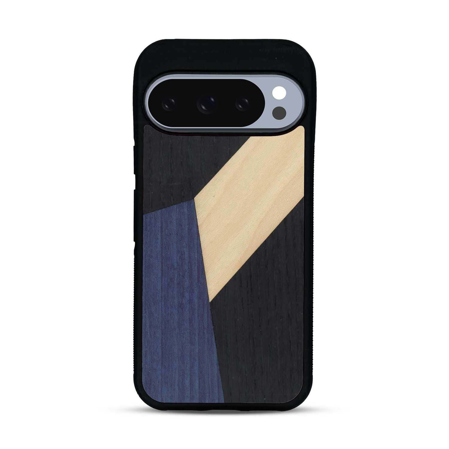 Coque de protection en bois véritable fabriquée en France pour  alliant du bambou, du tulipier bleu et noir en forme de mosaïque minimaliste sur le thème de l'art abstrait
