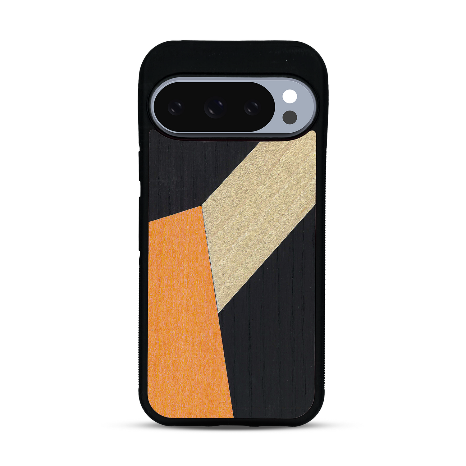 Coque de protection en bois véritable fabriquée en France pour  alliant du bambou, du tulipier orange et noir en forme de mosaïque minimaliste sur le thème de l'art abstrait