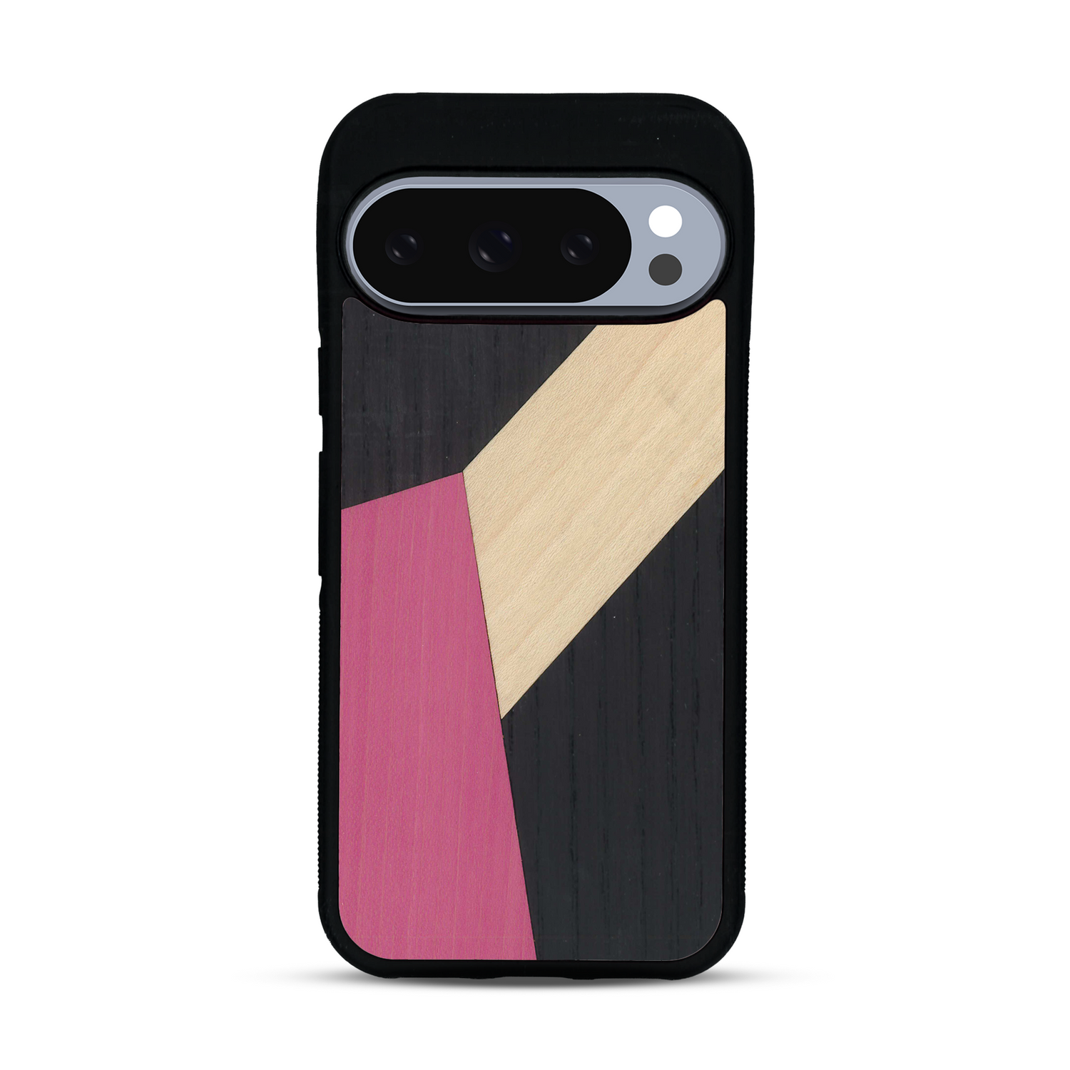 Coque de protection en bois véritable fabriquée en France pour  alliant du bambou, du tulipier rose et noir en forme de mosaïque minimaliste sur le thème de l'art abstrait