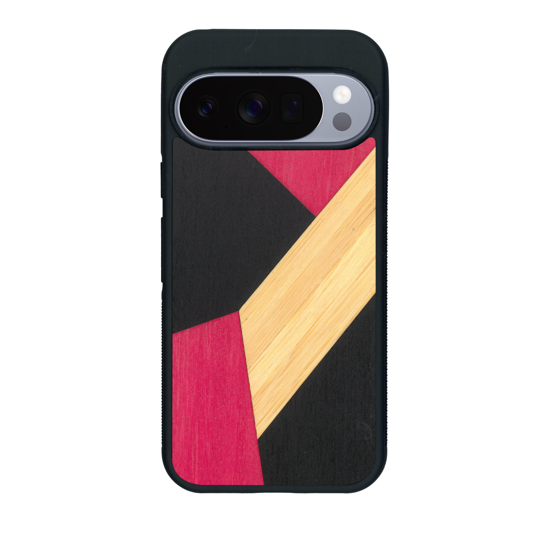 Coque de protection en bois véritable fabriquée en France pour Google Pixel 10 Pro alliant du bambou, du tulipier rose et noir en forme de mosaïque minimaliste sur le thème de l'art abstrait