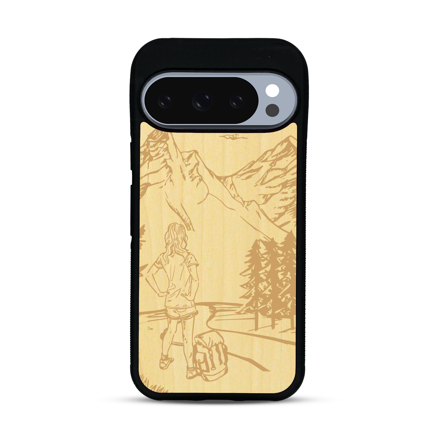 Coque de protection en bois véritable fabriquée en France pour  sur le thème de la randonnée en montagne et de l'aventure avec une gravure représentant une femme de dos face à un paysage de nature