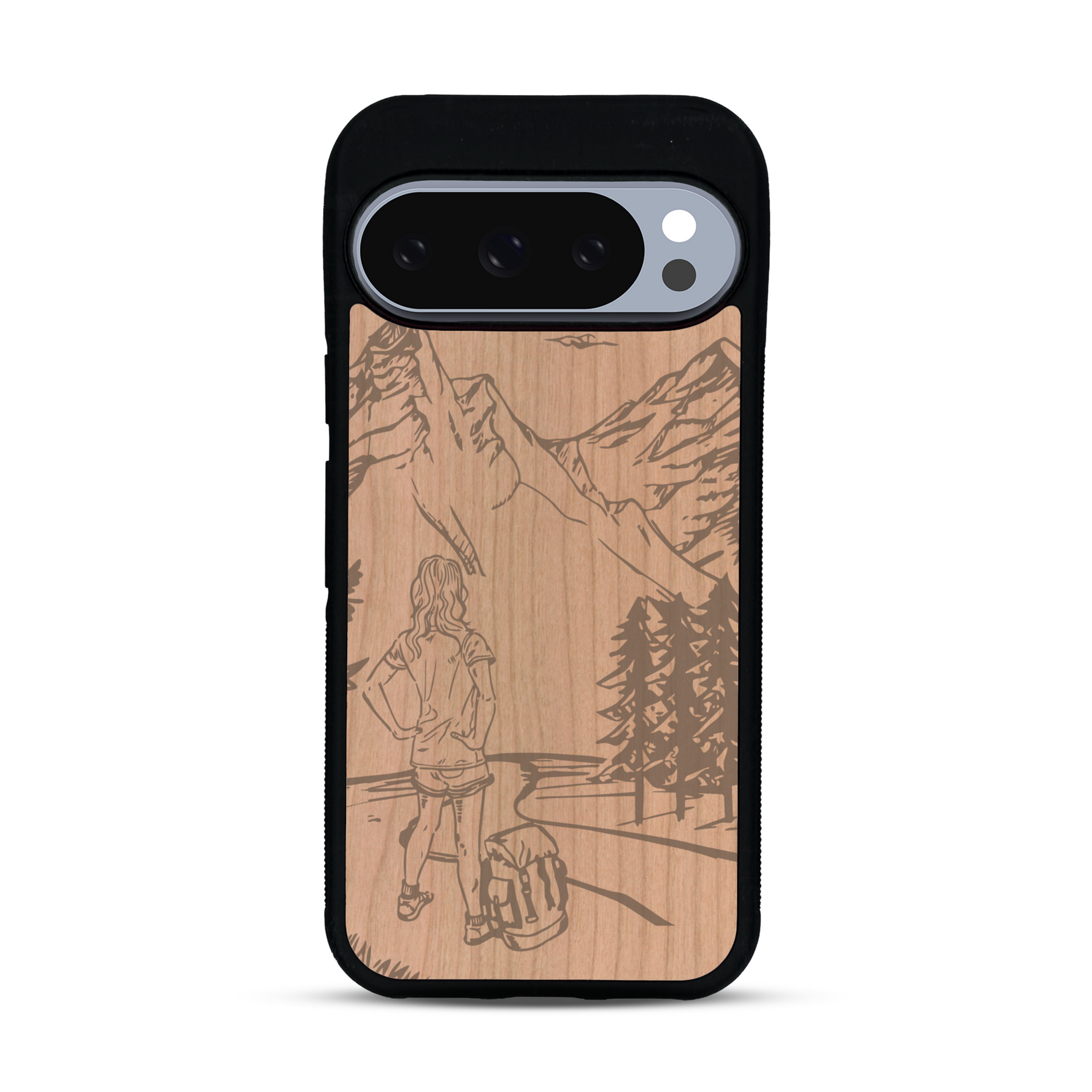 Coque de protection en bois véritable fabriquée en France pour  sur le thème de la randonnée en montagne et de l'aventure avec une gravure représentant une femme de dos face à un paysage de nature