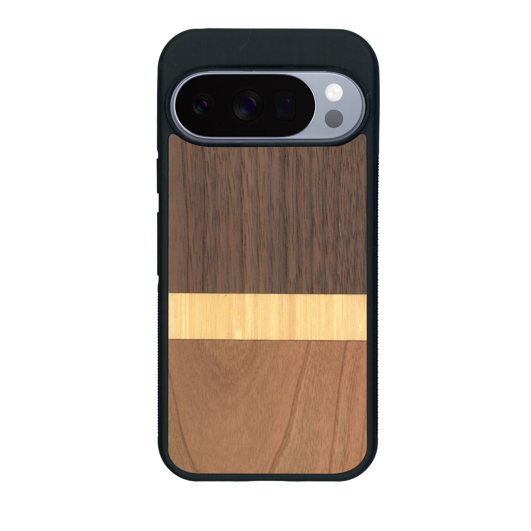 Coque de protection en bois véritable fabriquée en France pour Google Pixel 10 Pro alliant des bandes horizontales de bambou, merisier et noyer