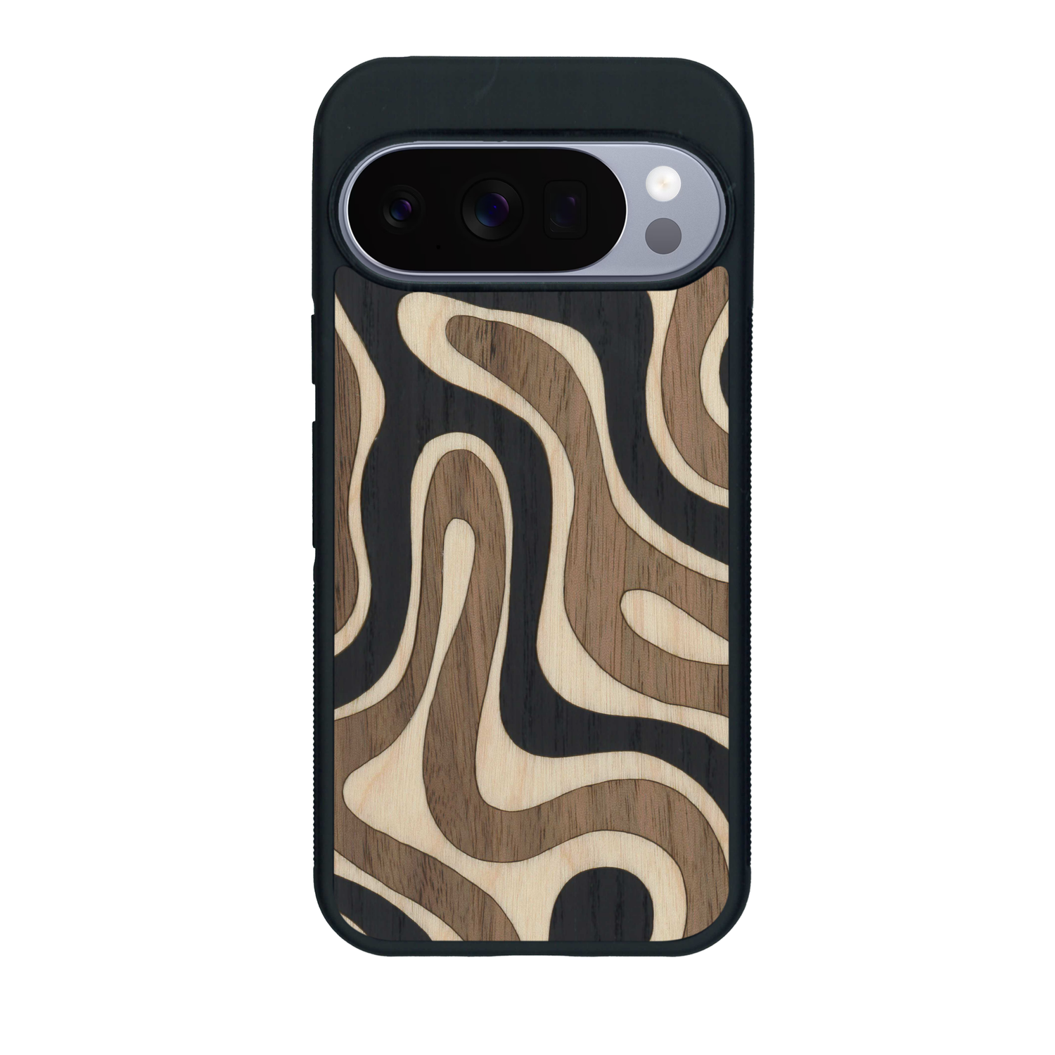 Coque de protection en bois véritable fabriquée en France pour Google Pixel 10 Pro alliant plusieurs essences de bois pour représenter une ondulation