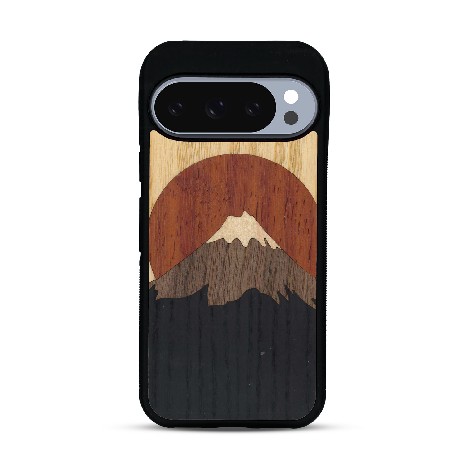 Coque de protection en bois véritable fabriquée en France pour  alliant plusieurs essences de bois pour représenter le mont Fuji