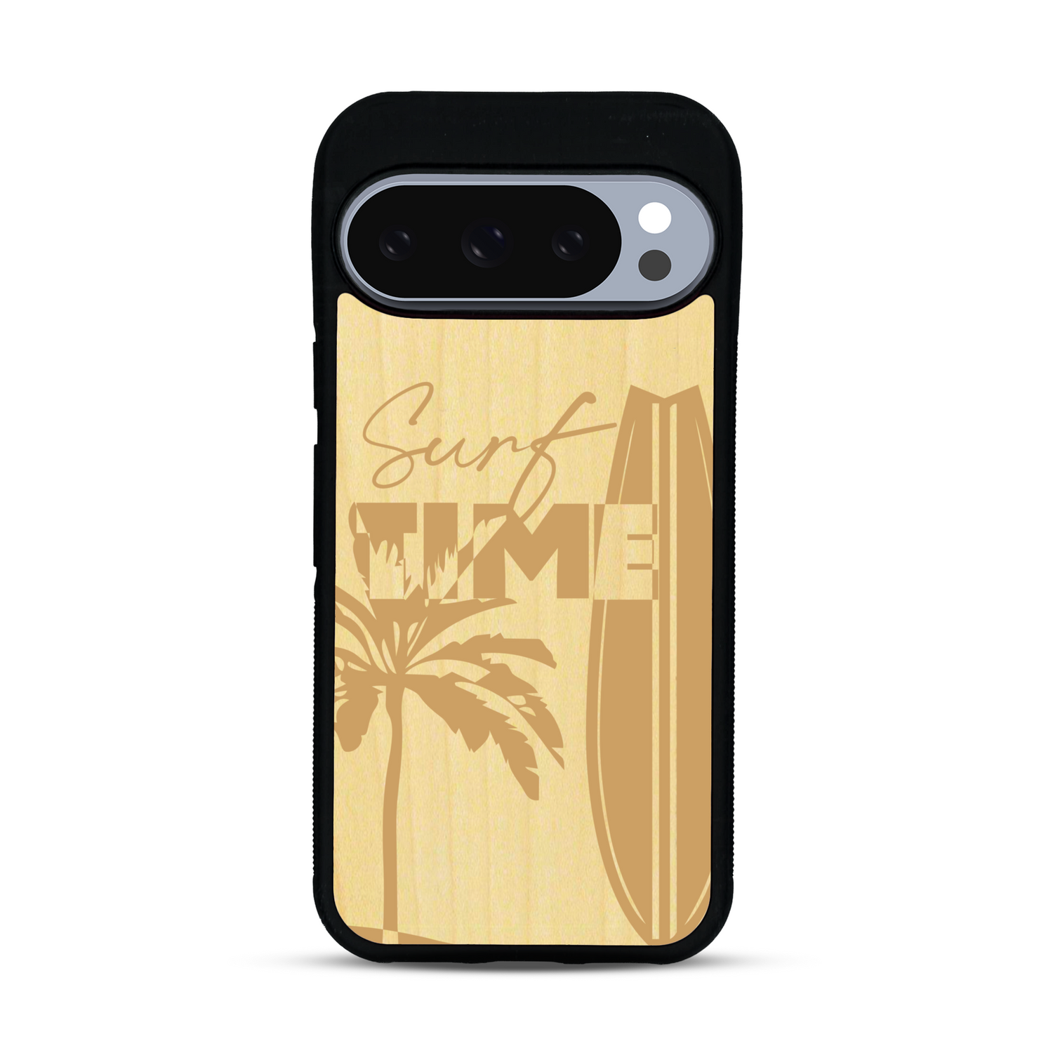 Coque de protection en bois véritable fabriquée en France pour  sur le thème chill avec un motif représentant une silouhette tenant une planche de surf sur une plage entouré de palmiers et les mots "Surf Time Long Beach Miami"