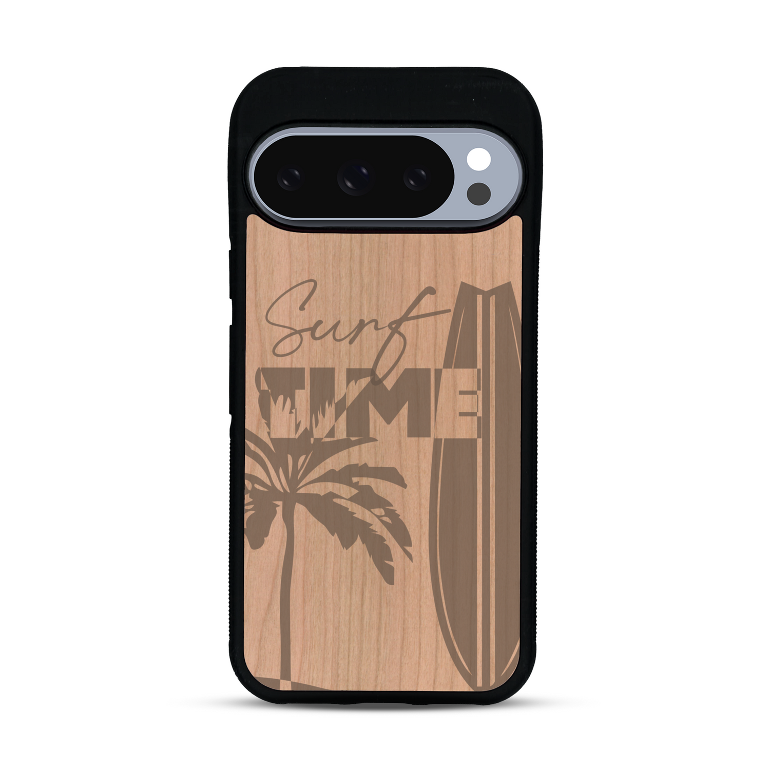 Coque de protection en bois véritable fabriquée en France pour  sur le thème chill avec un motif représentant une silouhette tenant une planche de surf sur une plage entouré de palmiers et les mots "Surf Time Long Beach Miami"