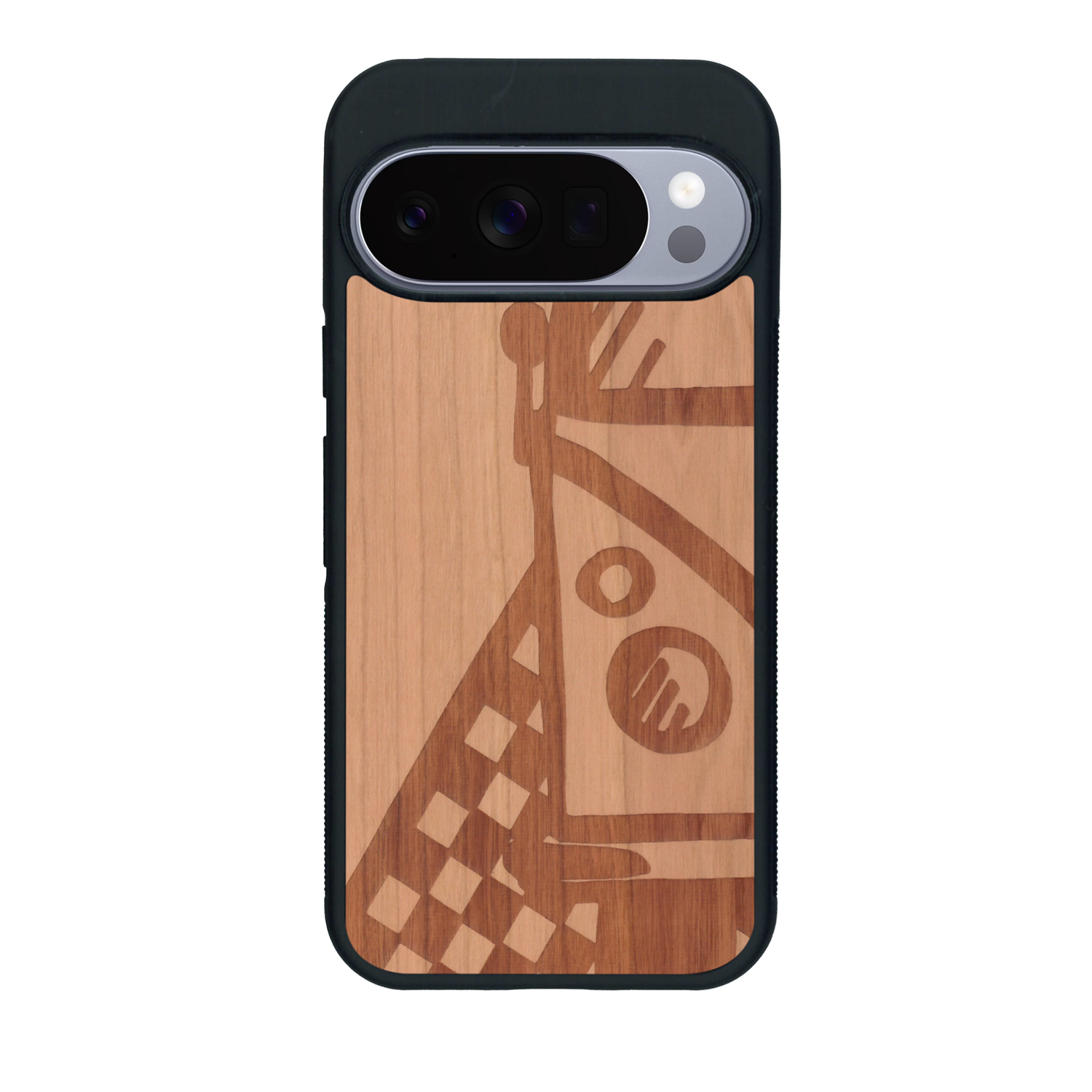 Coque de protection en bois véritable fabriquée en France pour Google Pixel 10 Pro sur le thème du voyage avec un van combi