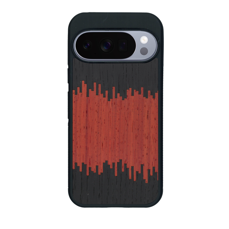 Coque de protection en bois véritable fabriquée en France pour Google Pixel 10 Pro alliant plusieurs essences de bois pour représenter du magma en fusion