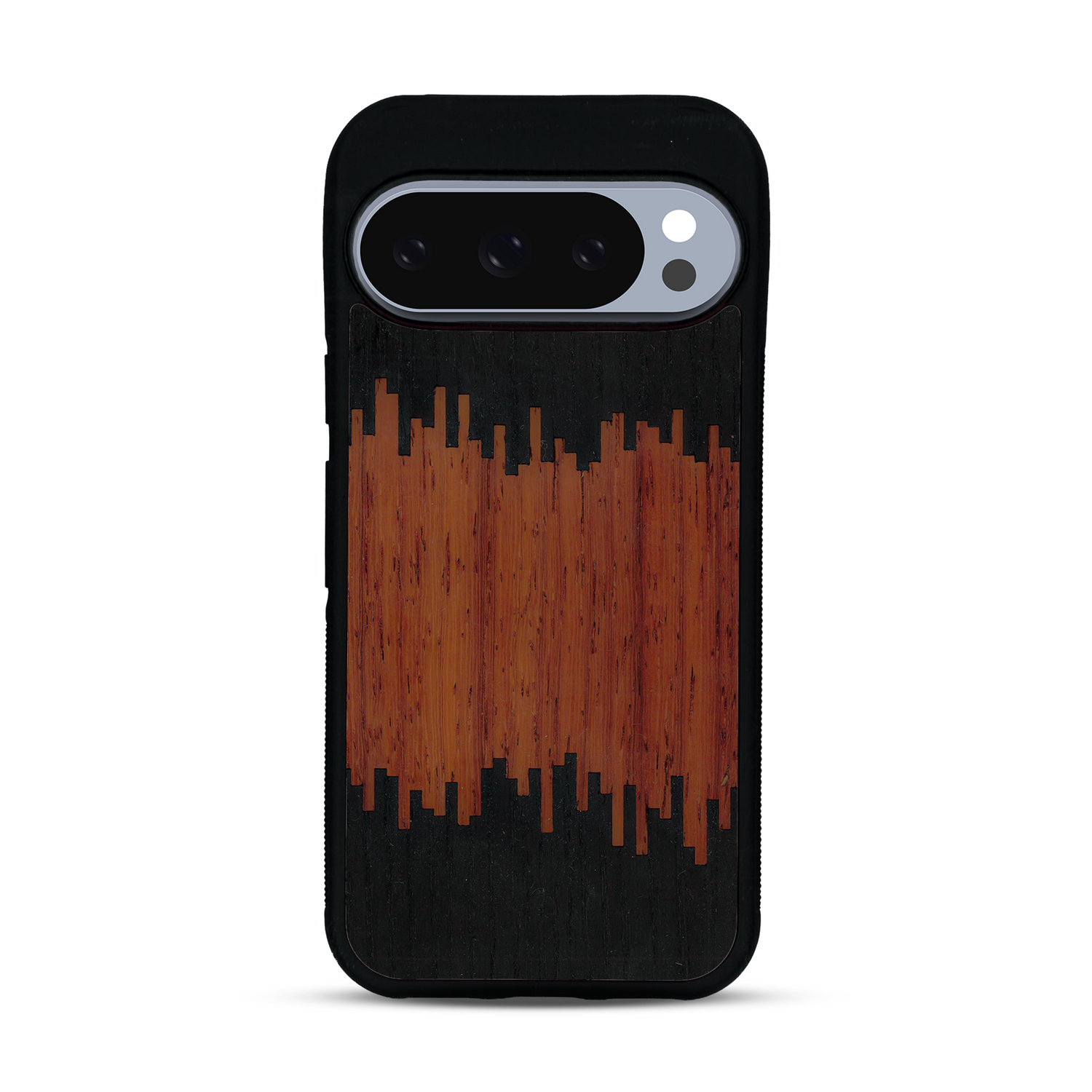 Coque de protection en bois véritable fabriquée en France pour  alliant plusieurs essences de bois pour représenter du magma en fusion
