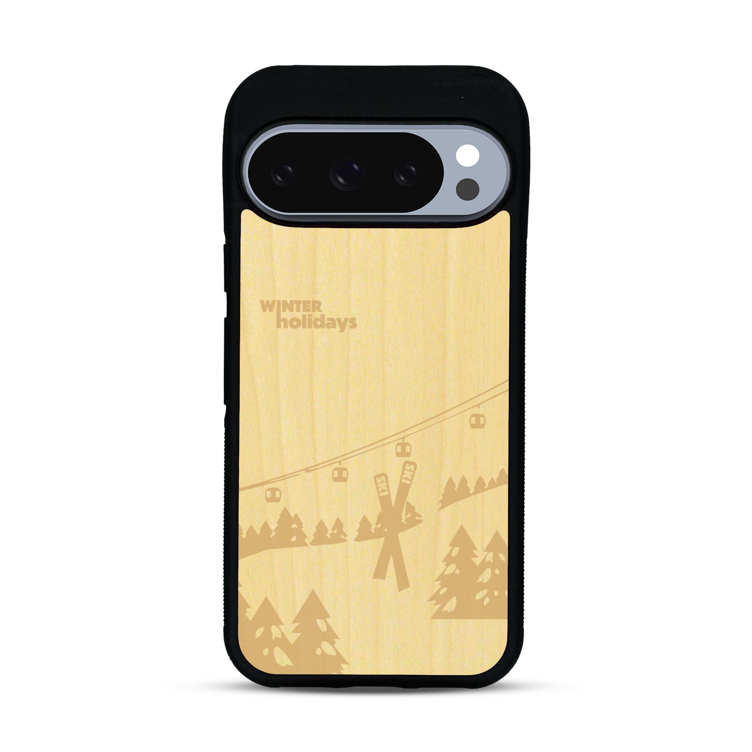Coque de protection en bois véritable fabriquée en France pour  sur le thème de la montagne, du ski et de la neige avec un motif représentant une paire de ski plantée dans la neige avec en fond des montagnes enneigées
