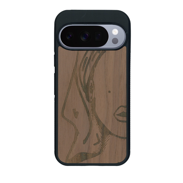 Coque de protection en bois véritable fabriquée en France pour Google Pixel 10 Pro XL représentant une silhouette féminine épurée de type line art en collaboration avec l'artiste Maud Dabs