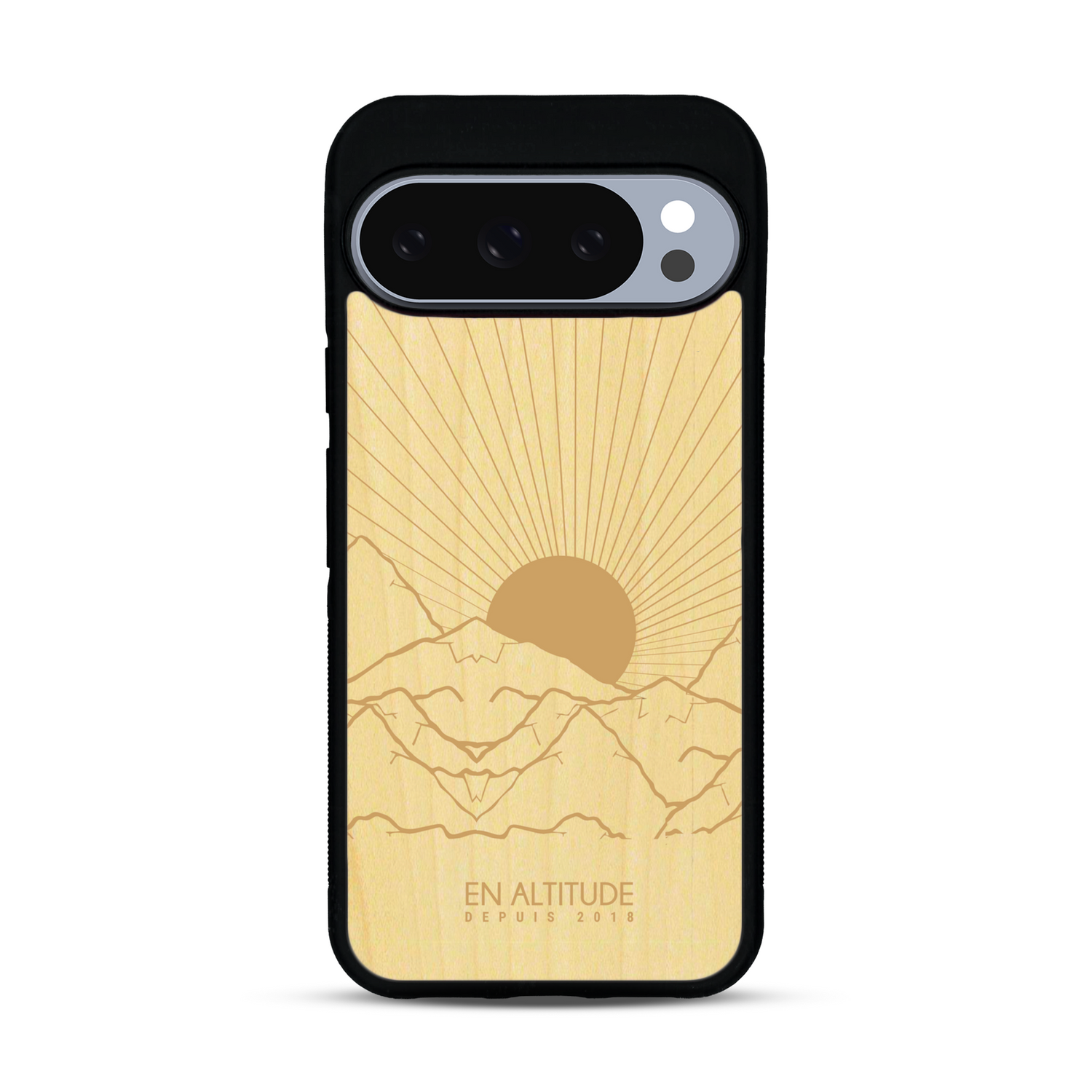 Coque de protection en bois véritable fabriquée en France pour  représentant des montagnes, sur le thème de la randonnée en pleine nature et du trail