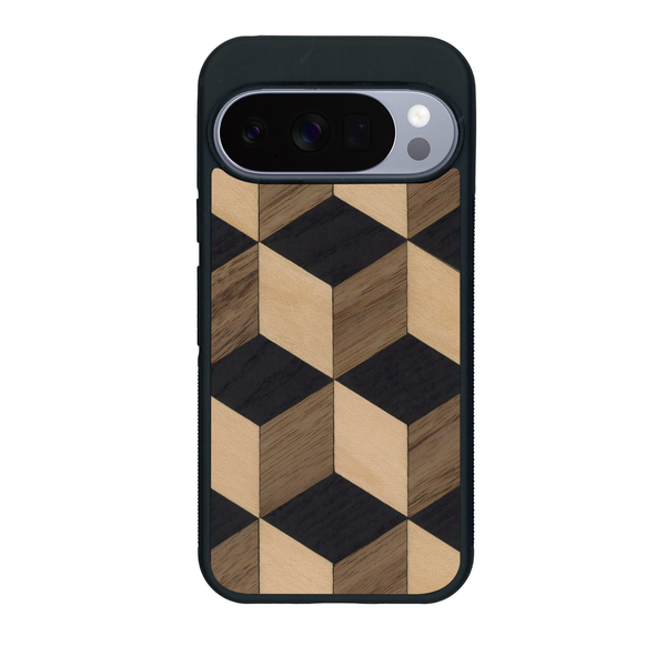 Coque de protection en bois véritable fabriquée en France pour Google Pixel 10 Pro XL alliant plusieurs essences de bois pour représenter un classique intemporel de la marqueterie