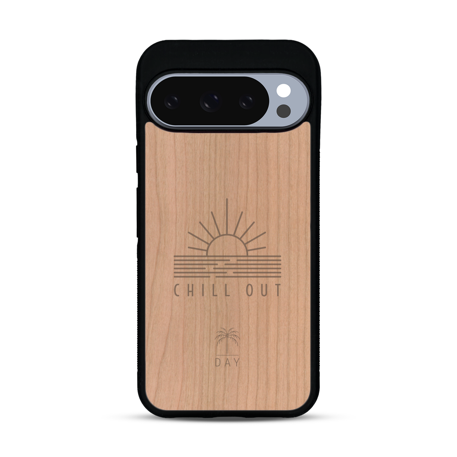 Coque de protection en bois véritable fabriquée en France pour  sur le thème chill avec un motif représentant un couché de soleil sur l'océan et la phrase "Chill out"