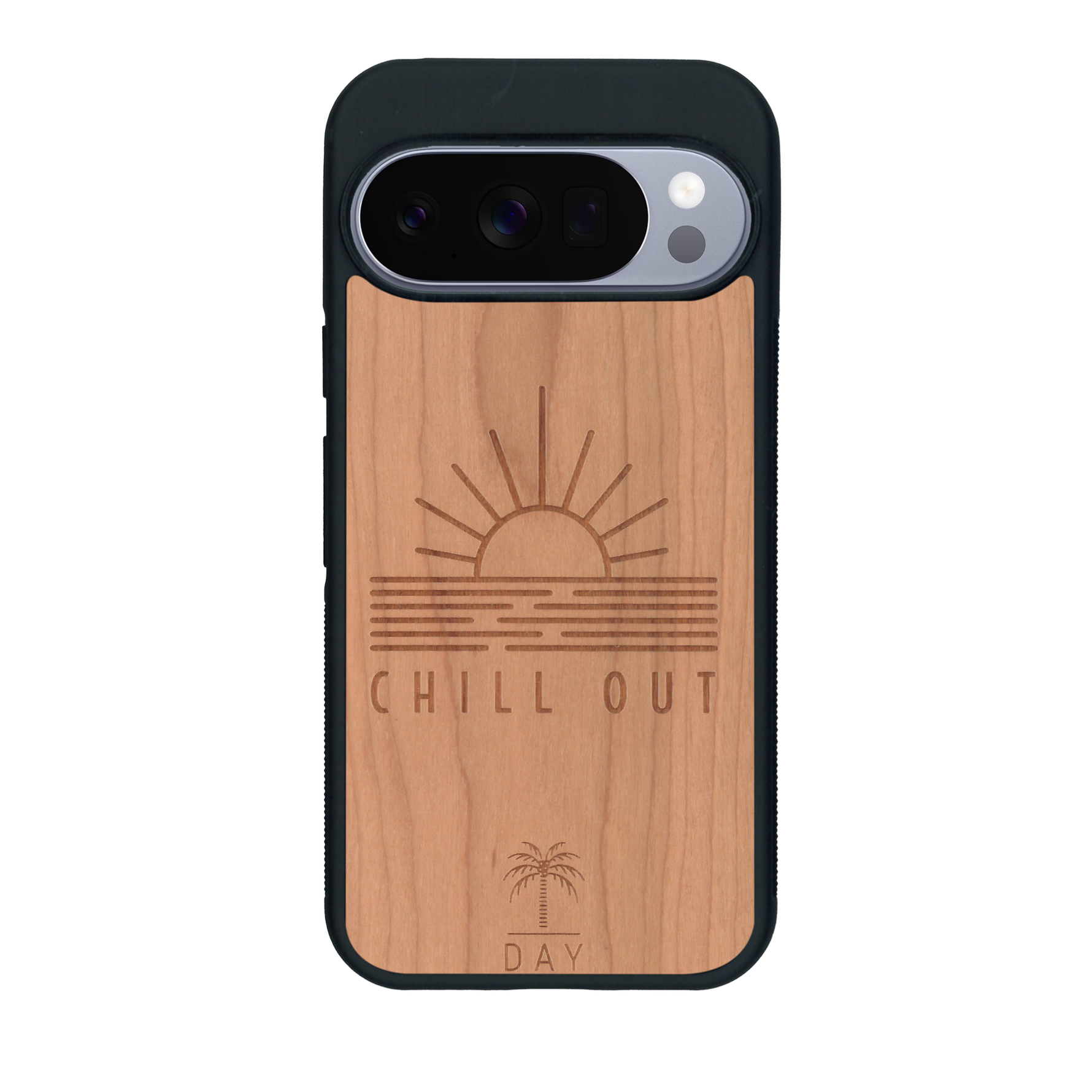 Coque de protection en bois véritable fabriquée en France pour Google Pixel 10 Pro XL sur le thème chill avec un motif représentant un couché de soleil sur l'océan et la phrase "Chill out"