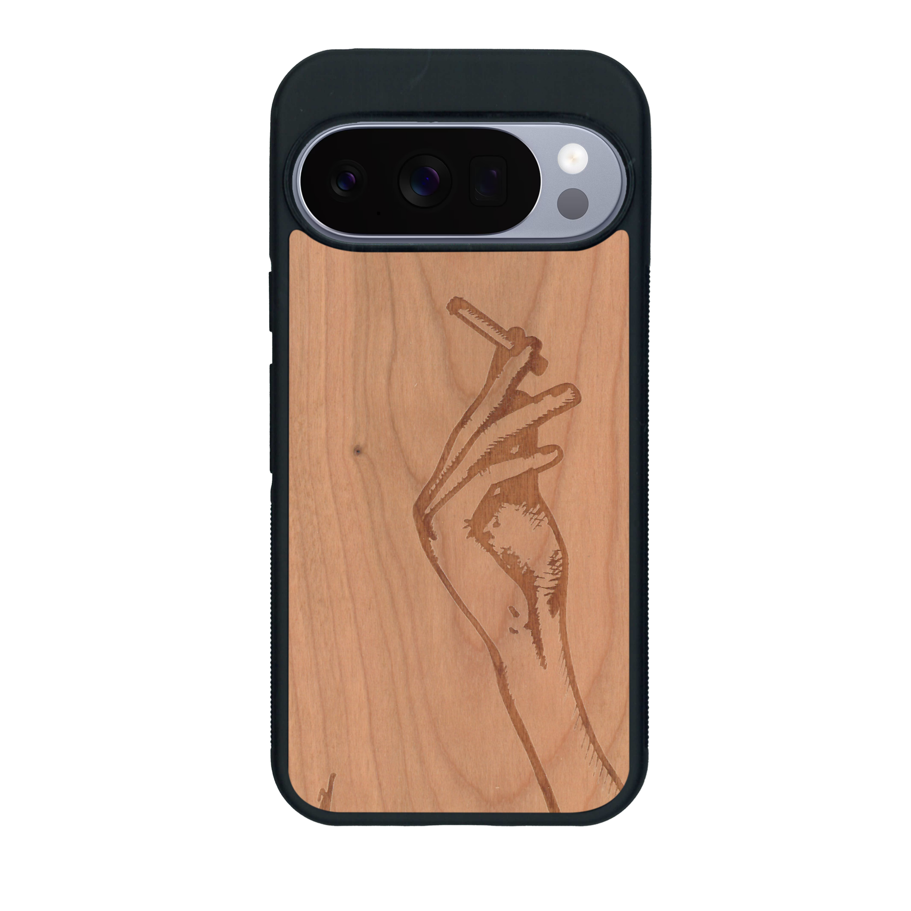 Coque de protection en bois véritable fabriquée en France pour Google Pixel 10 Pro XL représentant une main de femme tenant une cigarette de type line art en collaboration avec l'artiste Maud Dabs
